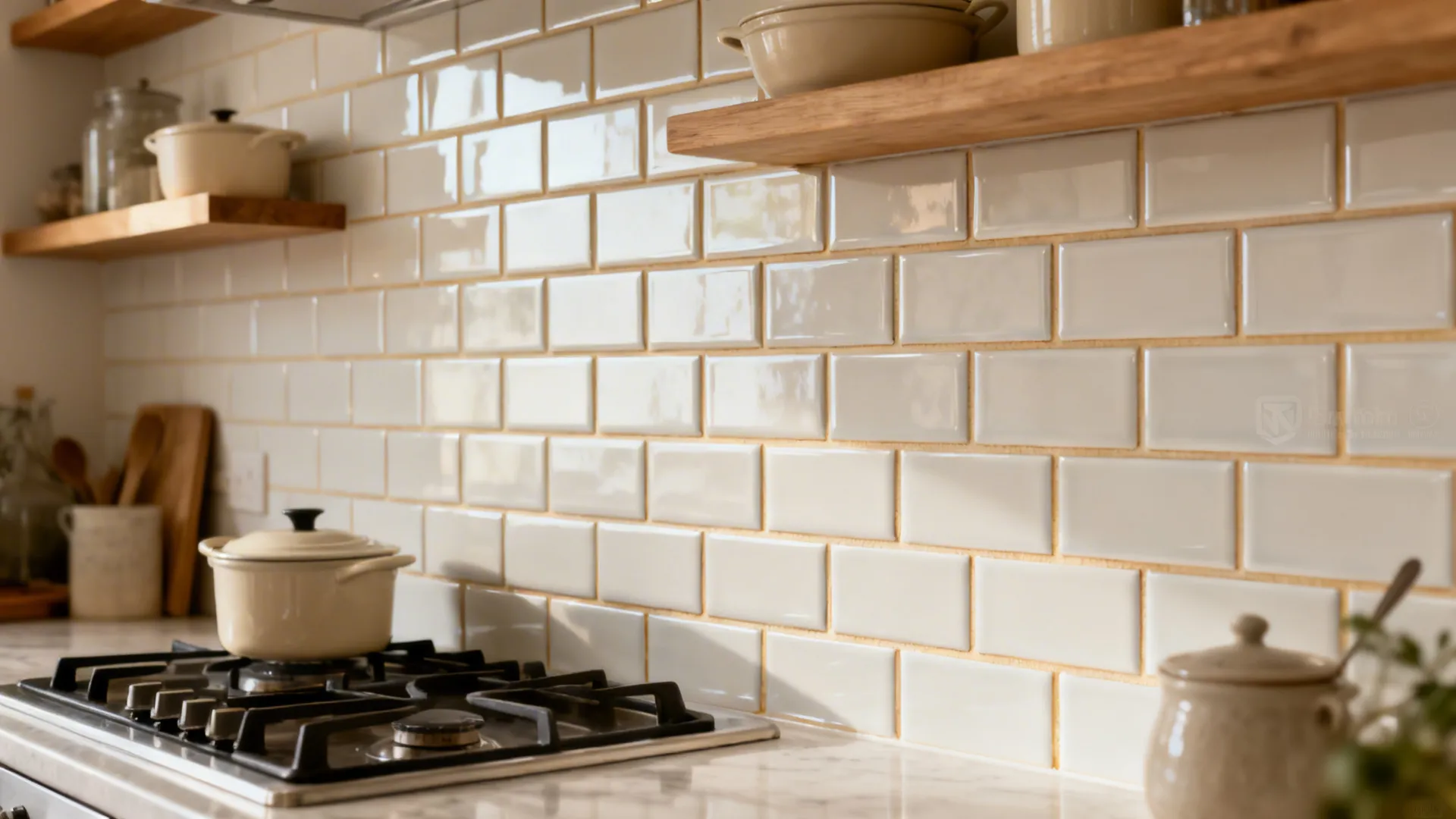 Kitchen backsplash with satin-finish ceramic subway tiles in a clean layout.