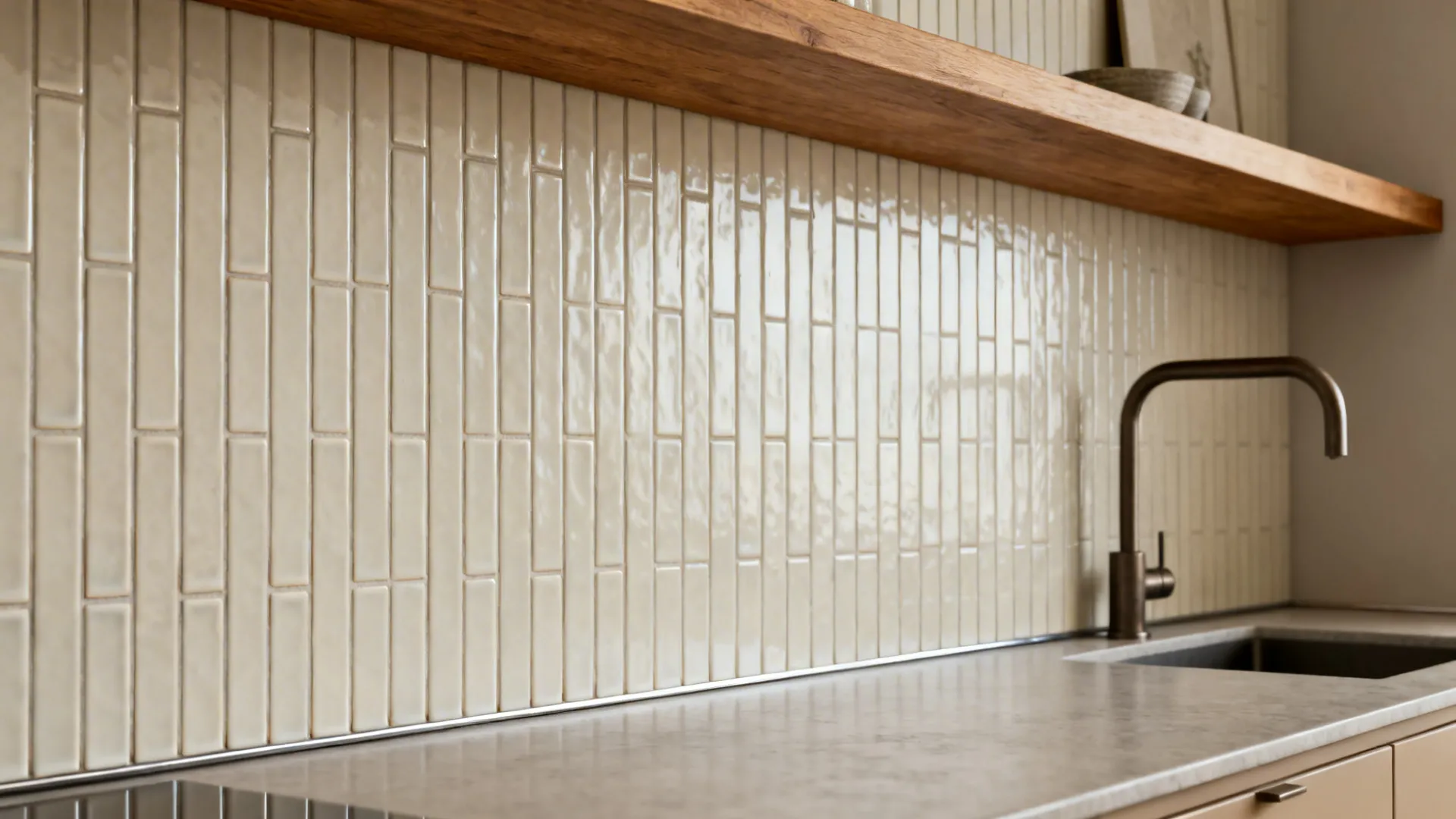 Vertical stack ceramic subway backsplash with color-matched grout and metal edge trim.