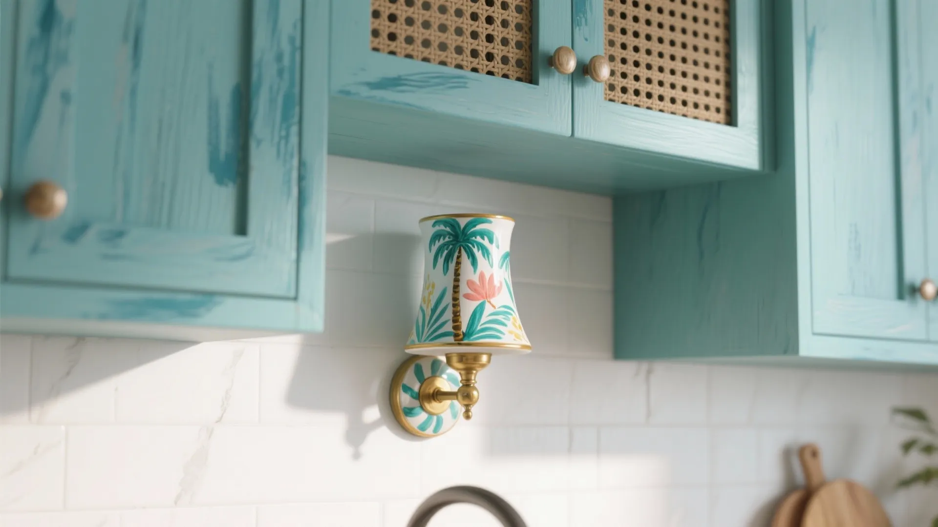 Decorative wall light with palm tree pattern on white tile wall under blue kitchen cabinets