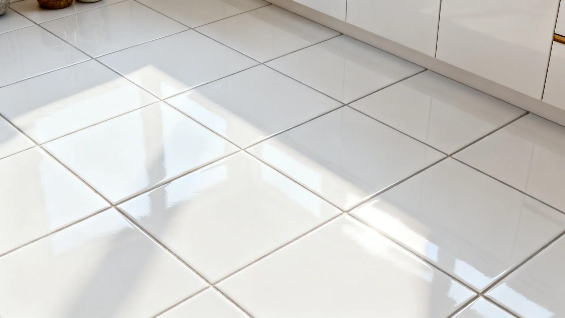 Top-down view of glossy ceramic tile grid with subtle reflections and tight grout.