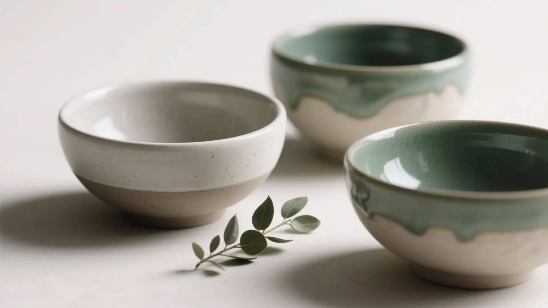 Minimalist Ceramic Trio with Green Accent