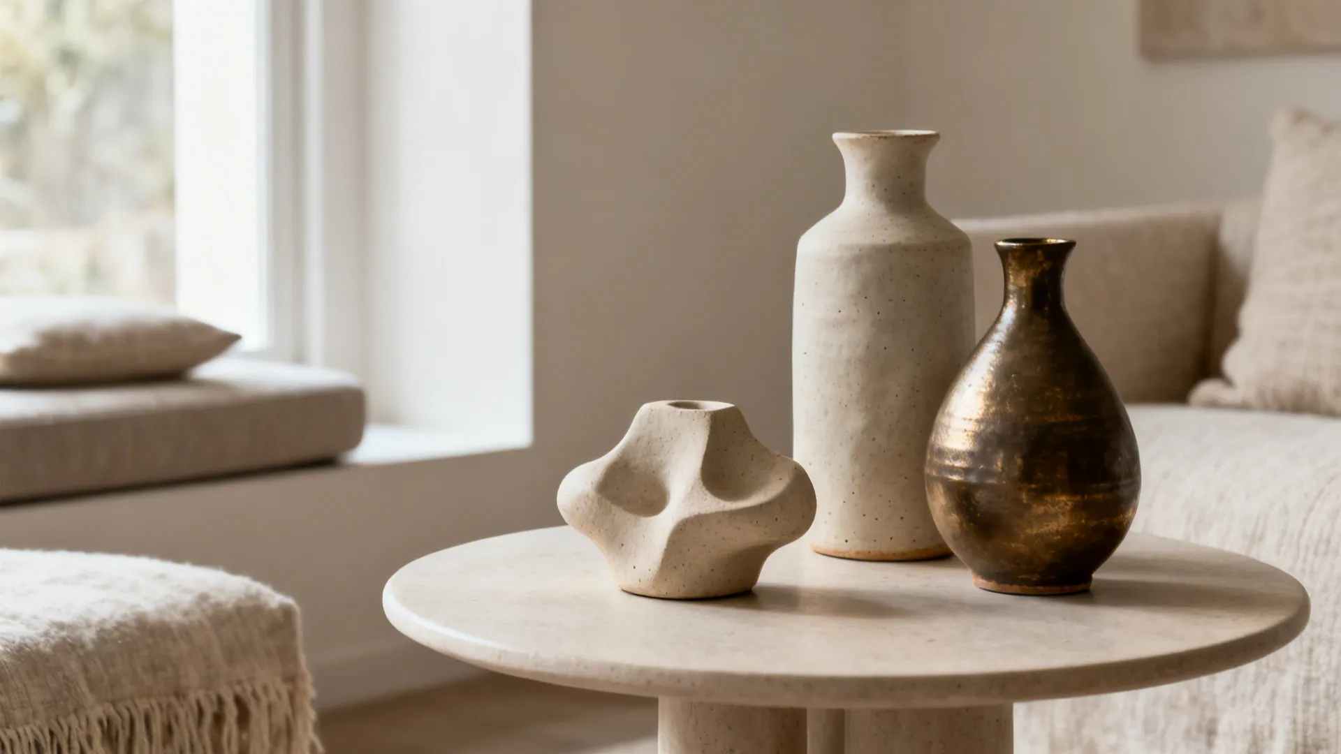Minimal round table with a small sculptural object and a trio of hand-glazed ceramic vases of different heights.