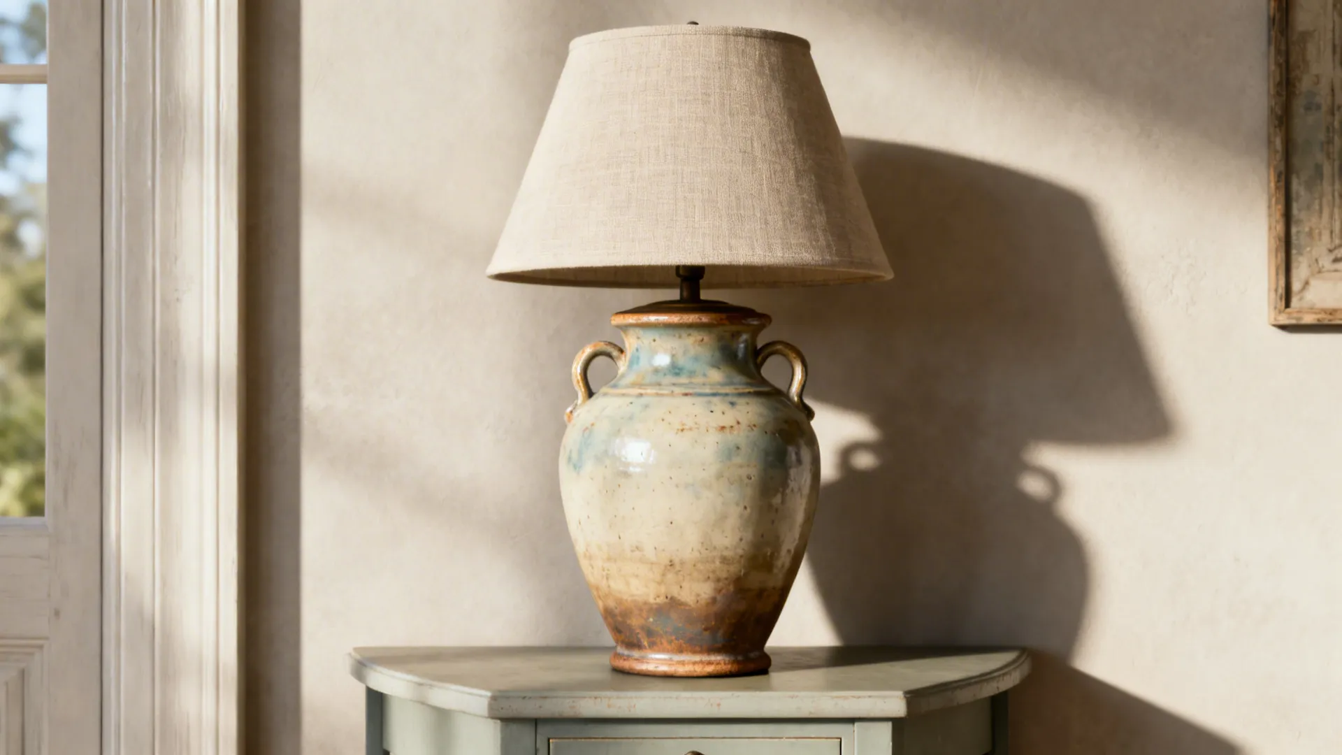 Glazed ceramic urn-style lamp with neutral shade on a console table