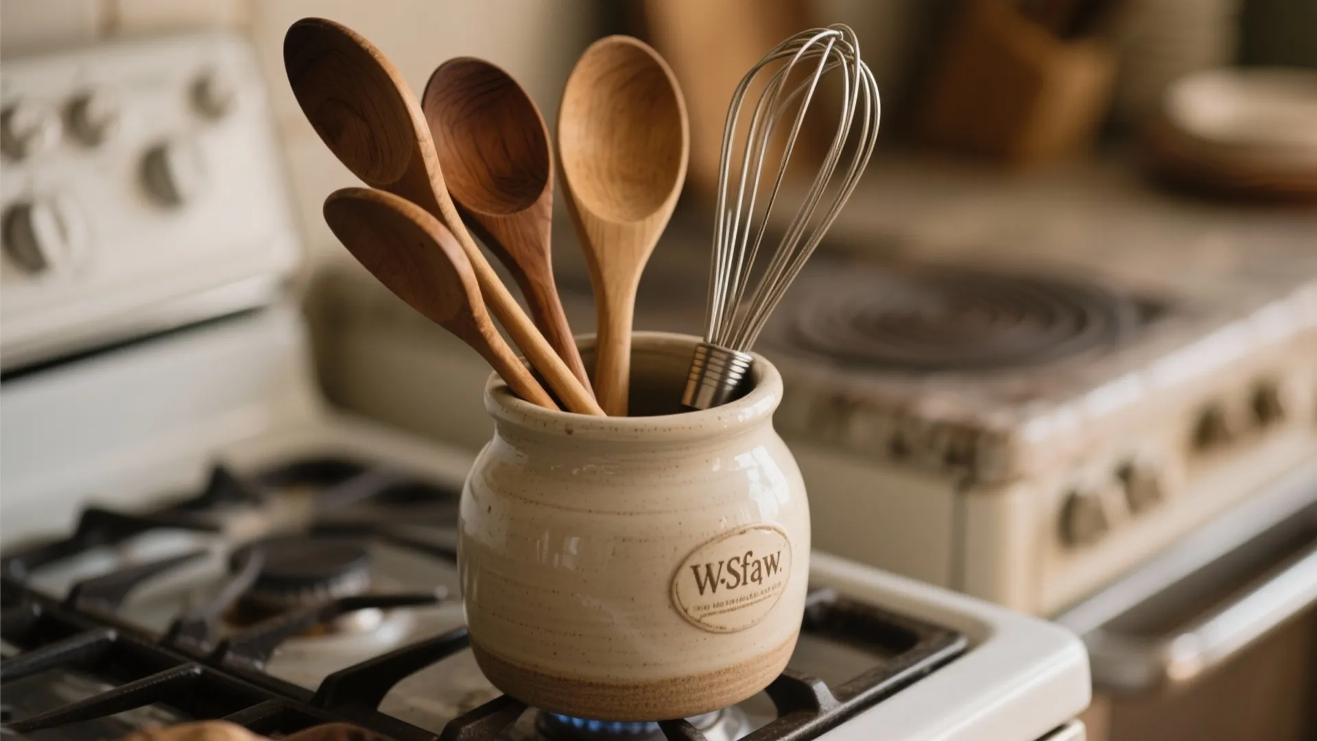 Ceramic kitchen jar holding wooden spoons and a metal whisk on a white stove top