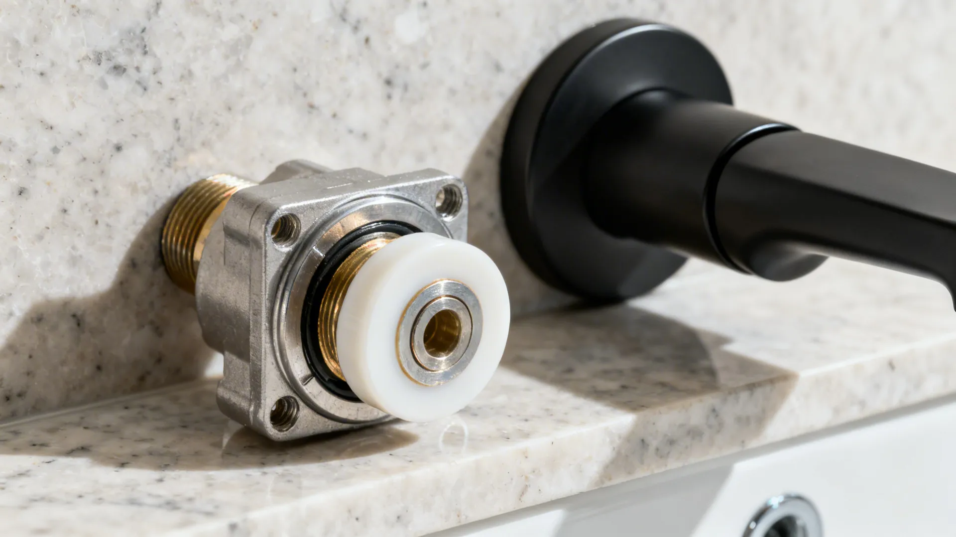 Close up view of a small metal faucet part sitting on a light stone kitchen countertop