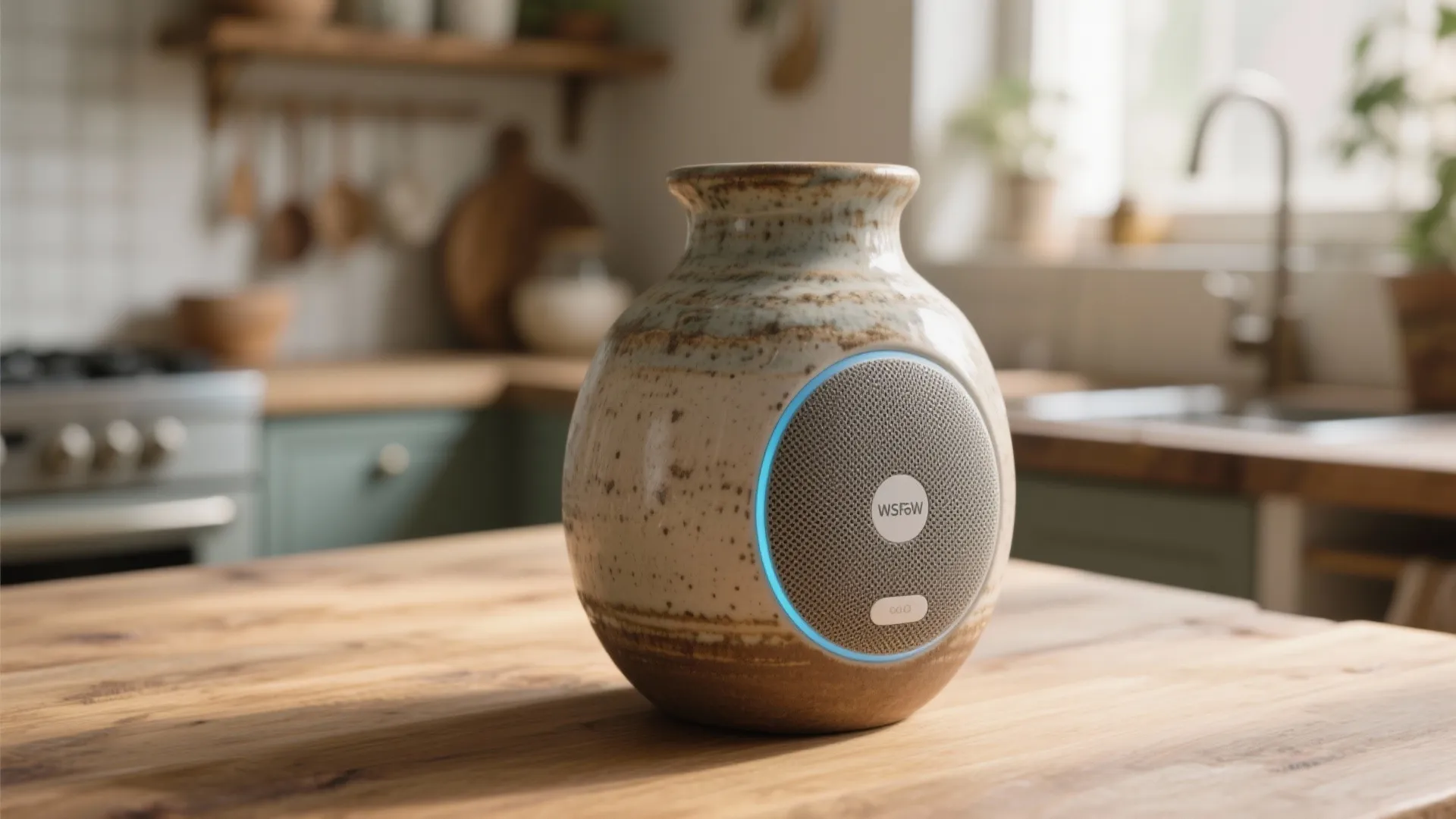 Ceramic vase with integrated speaker sitting on wooden kitchen island with blurred warm background scene
