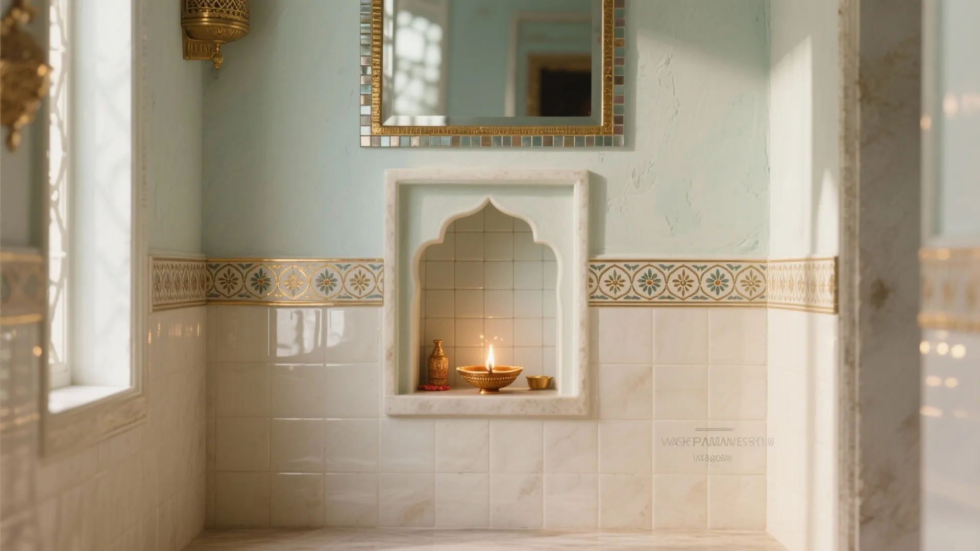 5) Glazed Ceramic Wainscoting with Hand-Printed Motifs (or a Mirror Mosaic Accent)