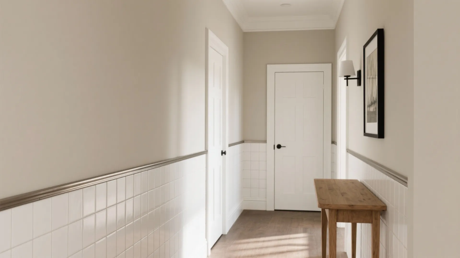 Minimalist hallway with beige walls white tile wall panel wooden floor small table wall light