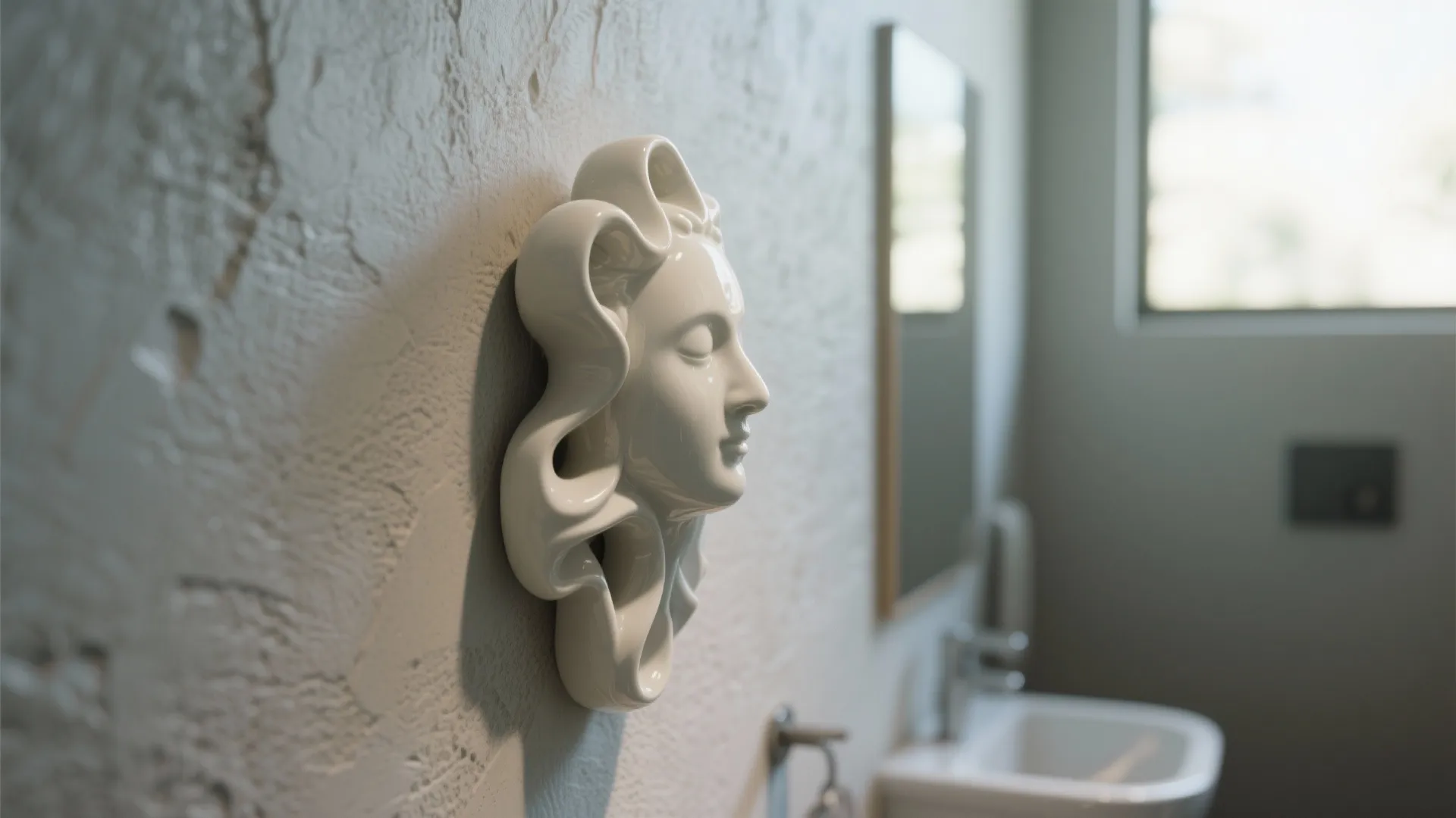 Ceramic wall sculpture adding texture to bathroom wall
