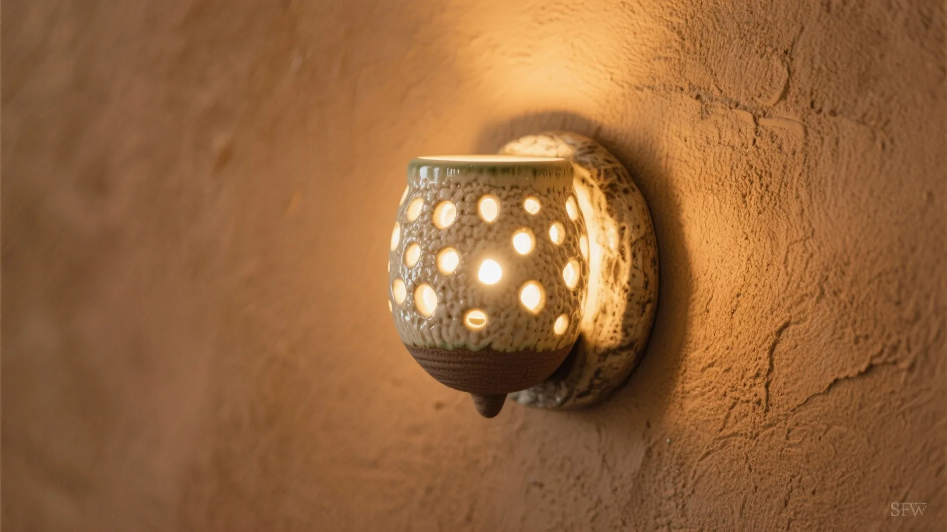 Close-up of artisanal ceramic wall sconce with warm light