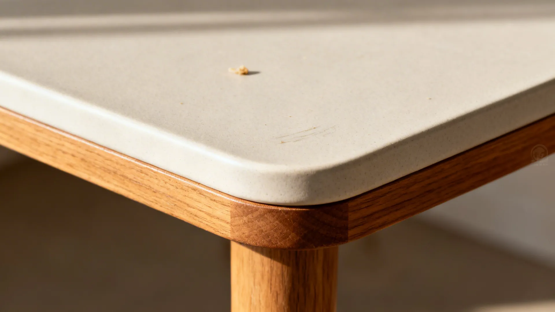 Macro of matte ceramic tabletop with rounded edge meeting warm oak leg detail.