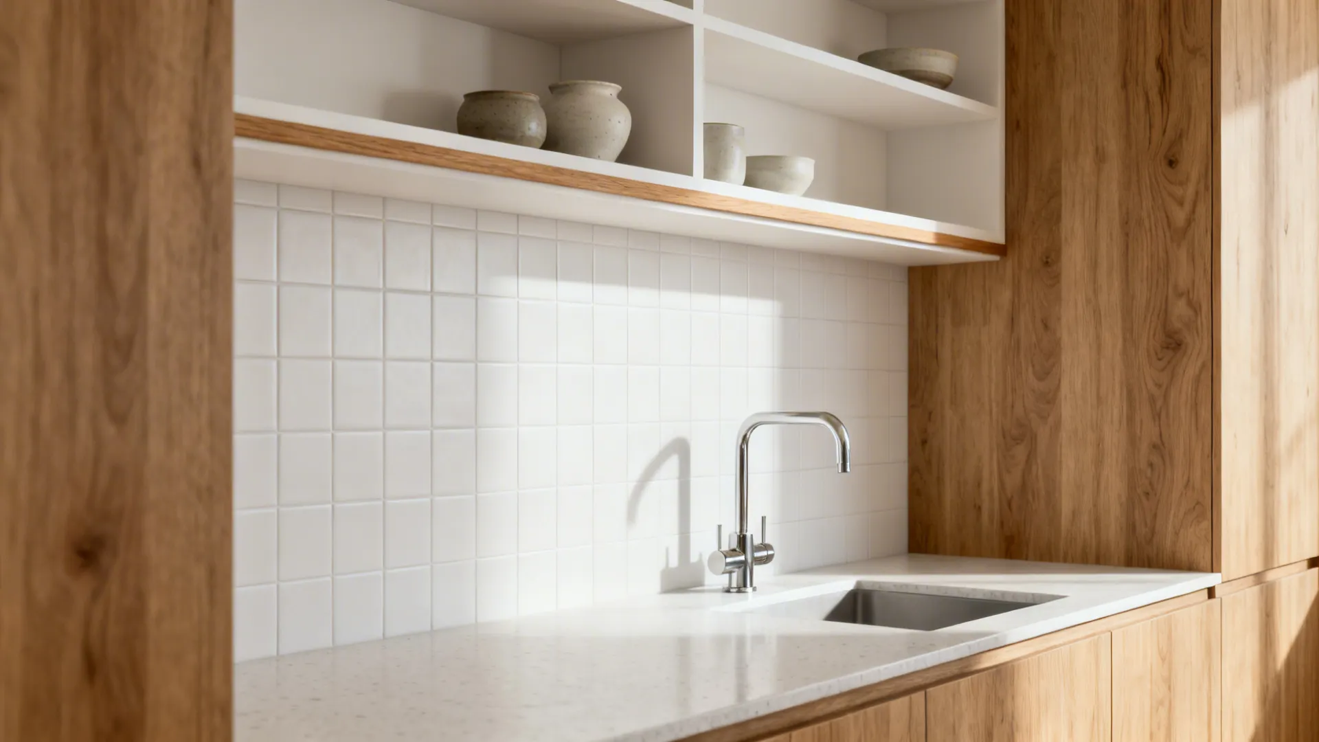 Matte white ceramic backsplash with white-oak shelves and an oak edge rail in a small kitchen.
