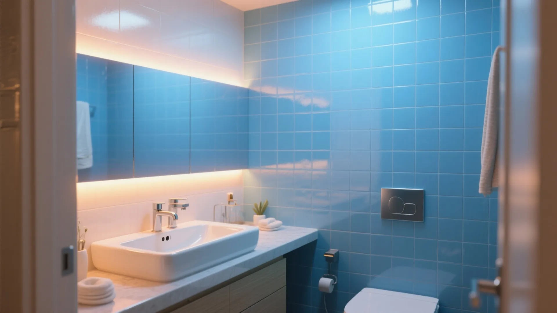Modern bathroom with blue wall tiles, white sink, large mirror, wooden cabinet, and soft lighting