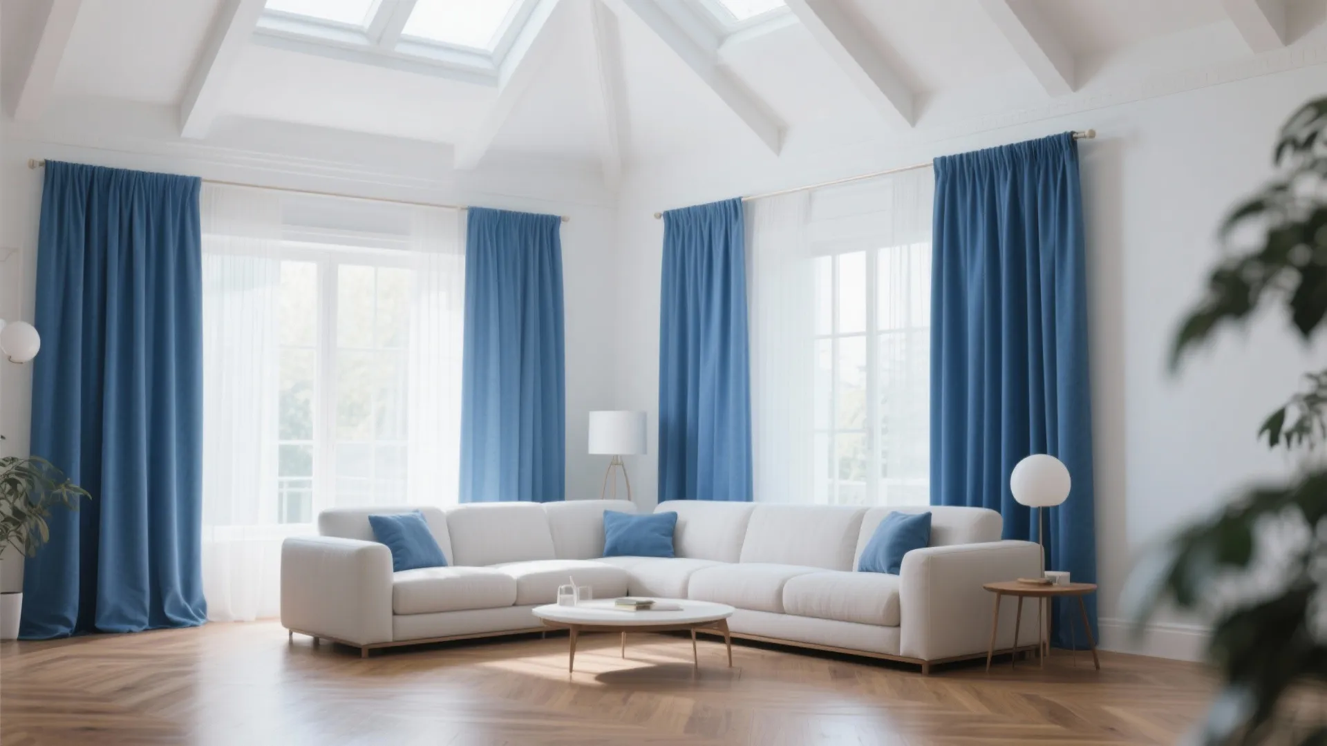 Spacious living room with large windows blue curtains white corner sofa and wood pattern floor