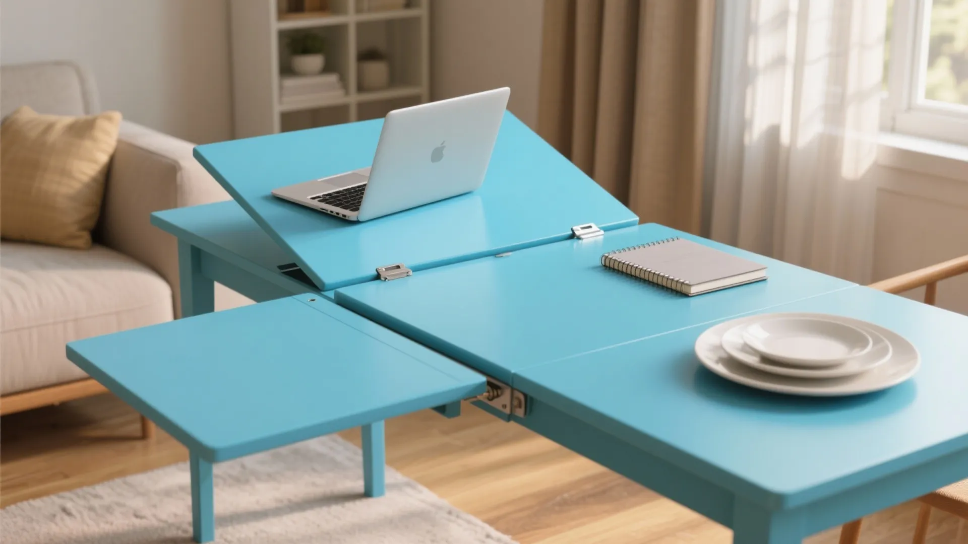 Bright blue multi functional table with laptop on tilted surface and plates in living room