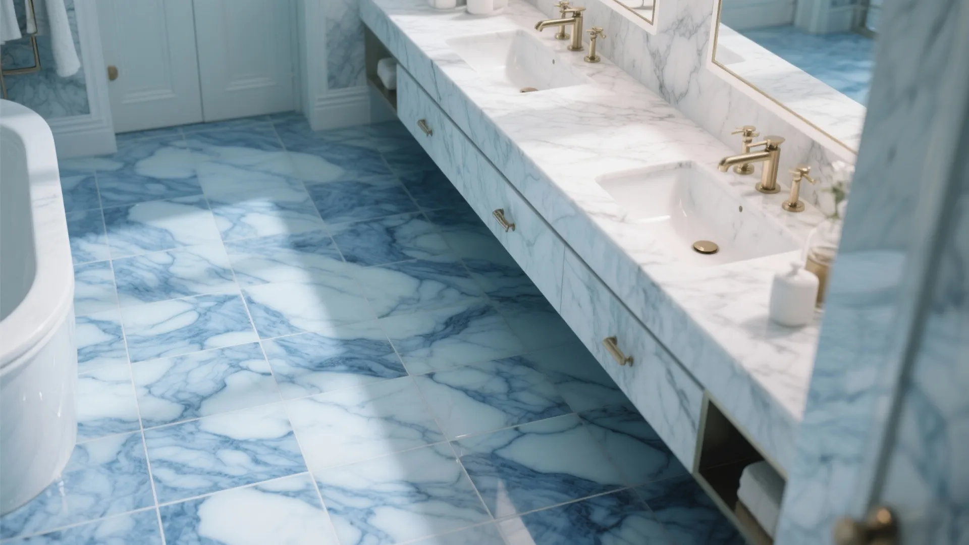 Modern bathroom featuring blue marble floor tiles white marble vanity with gold faucets and white bathtub