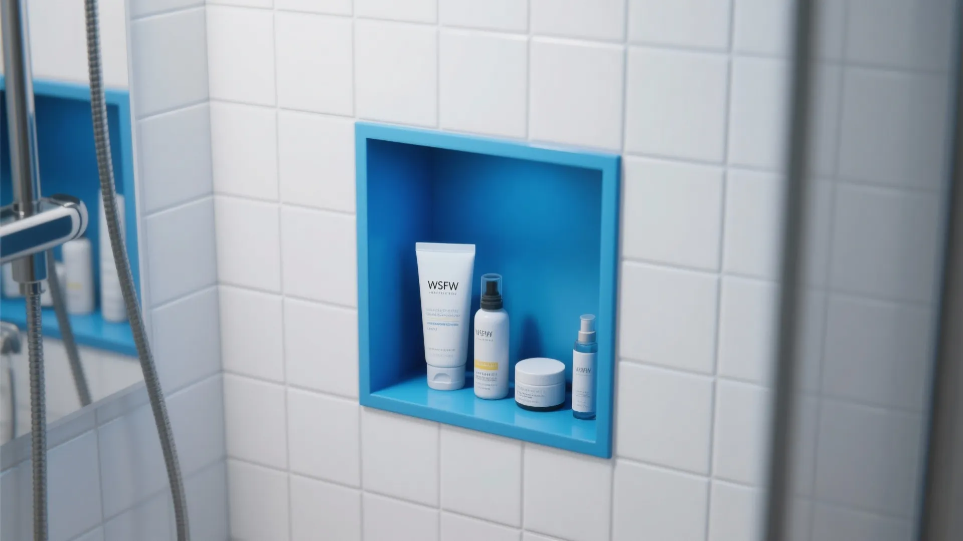 Cerulean painted shower niche with white tiles