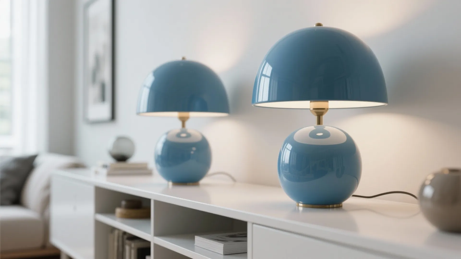Two modern blue table lamps sitting on a white cabinet in a bright living room