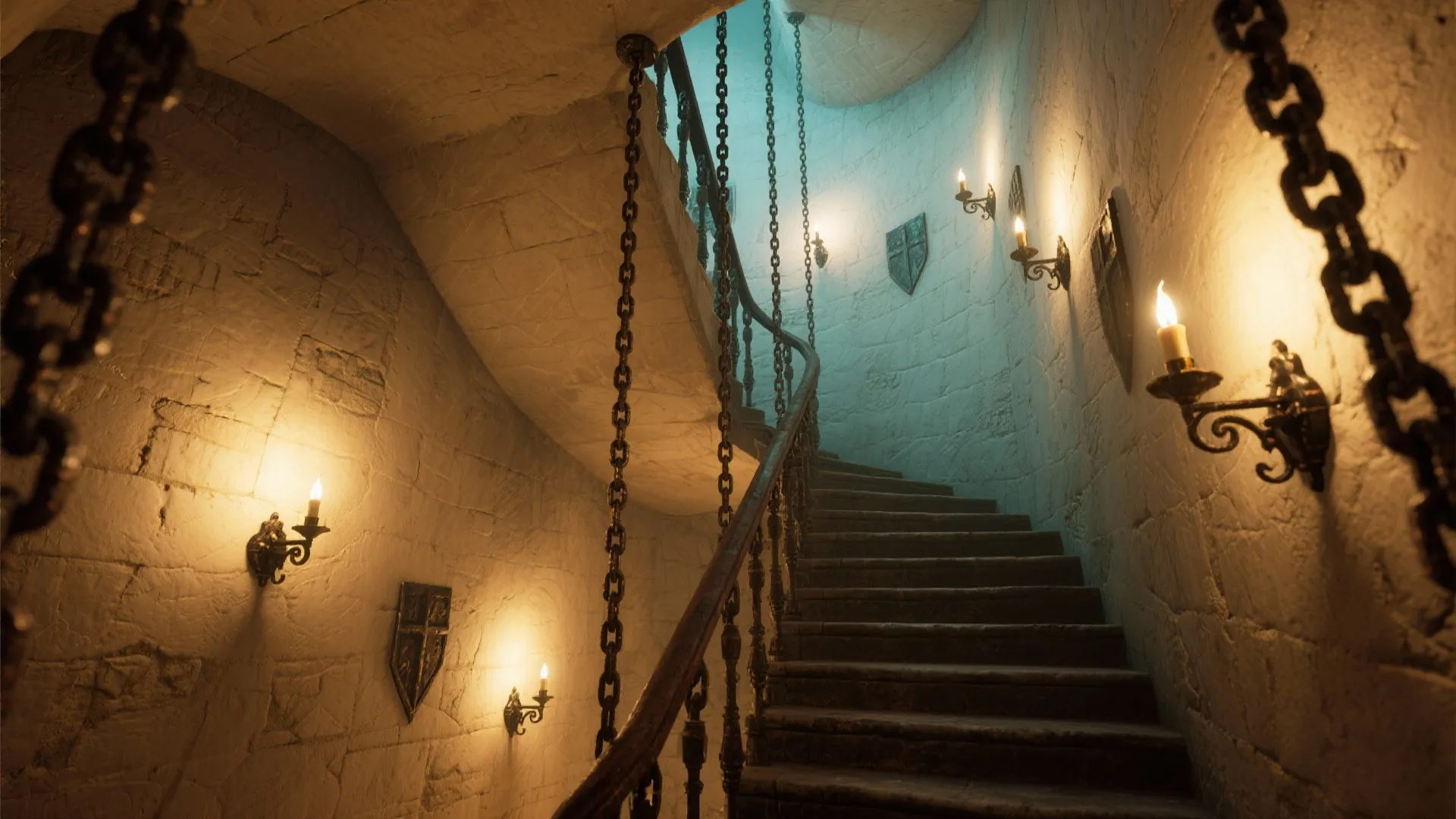 4. Chain-Hung Medieval Sconces in High-Ceiling Spaces