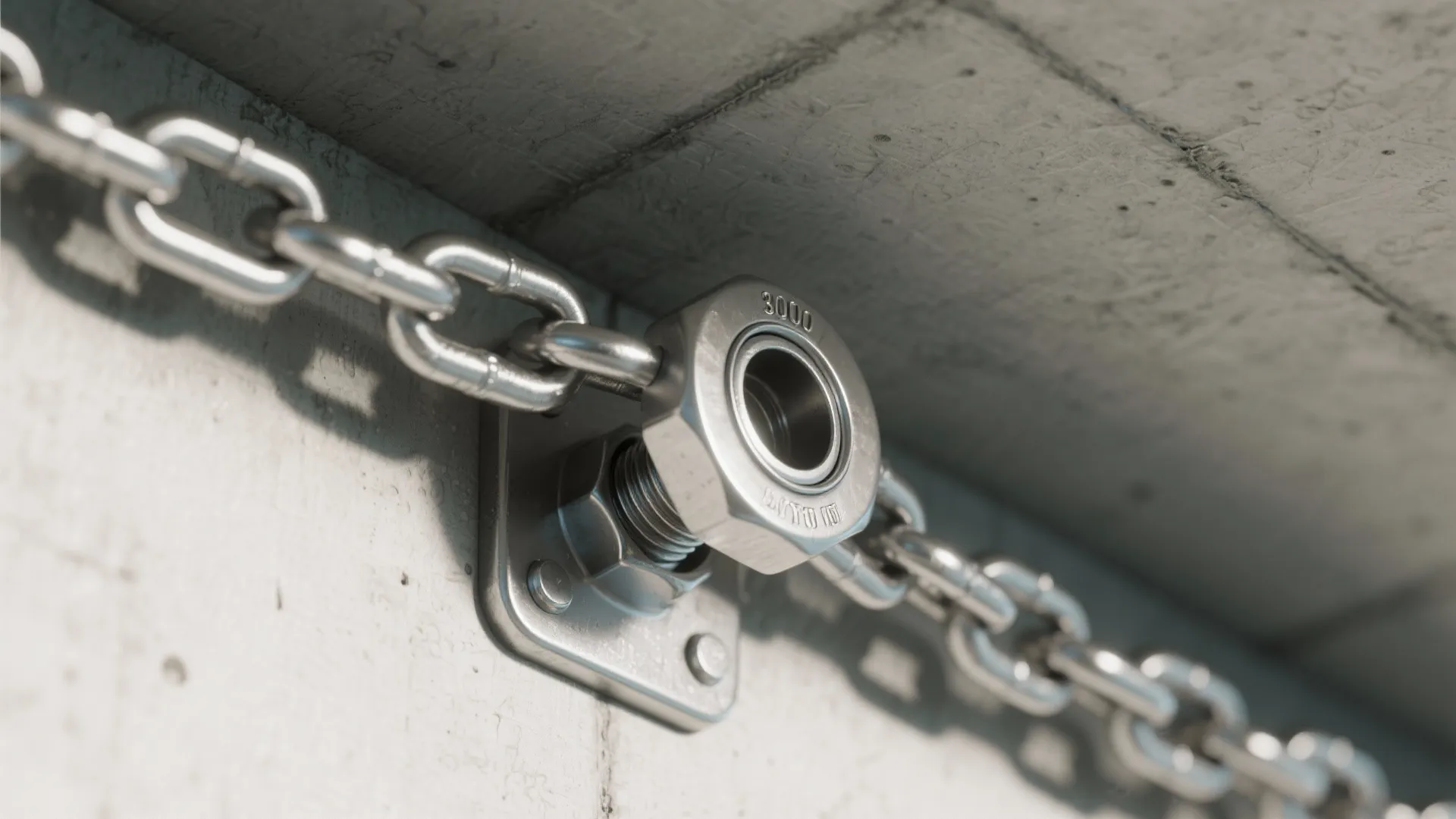 Close up of a metal chain secured to a concrete wall with a large steel nut