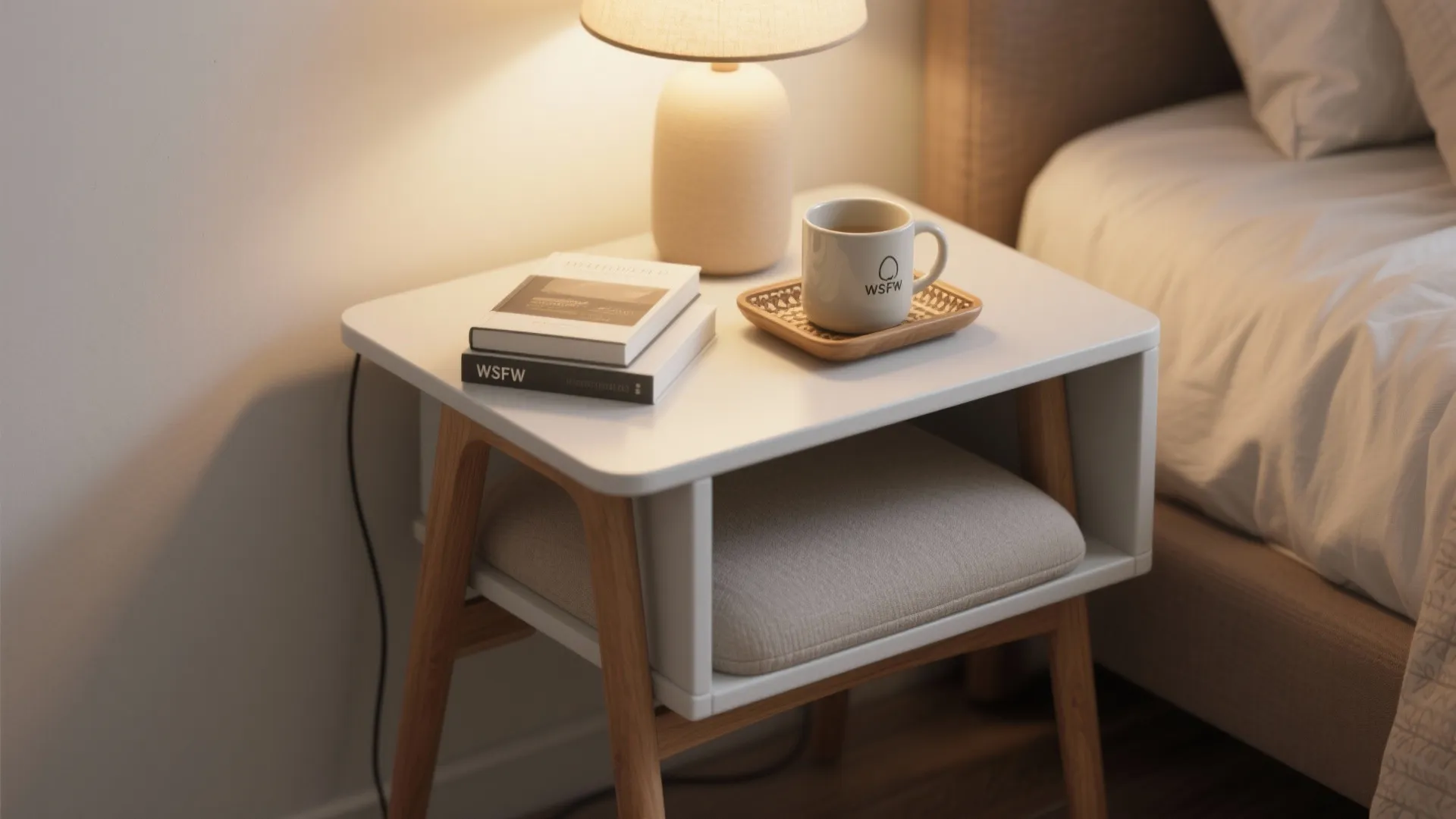 Compact side chair used as a nightstand with a tray and book on top