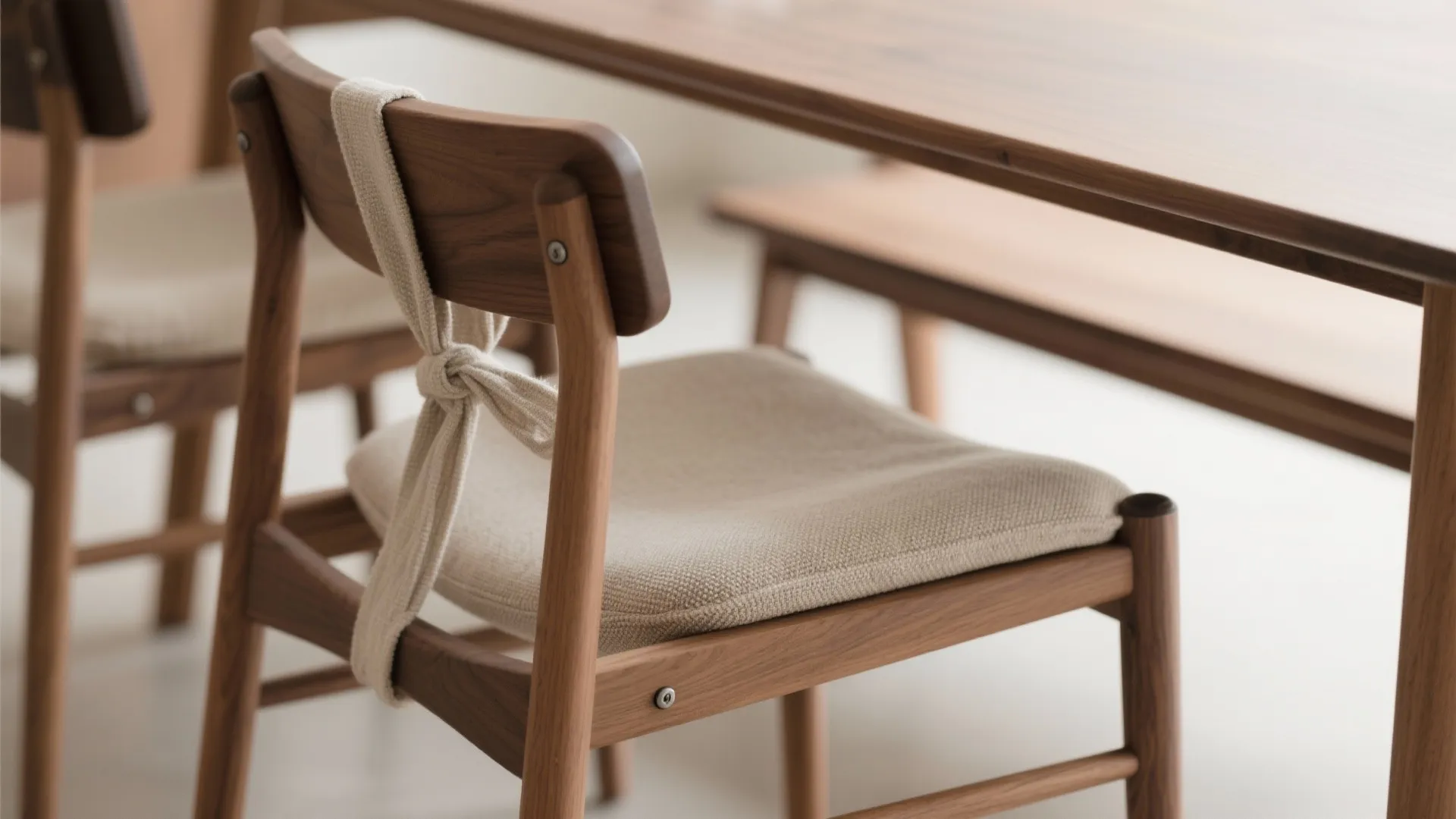 Wooden dining chair with a beige cushion tied to the backrest next to a table