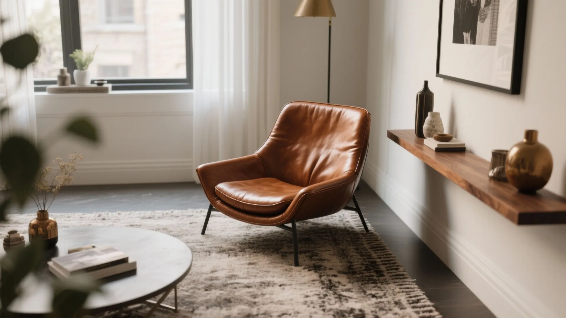Modern brown leather armchair placed on a grey patterned rug next to a wooden shelf