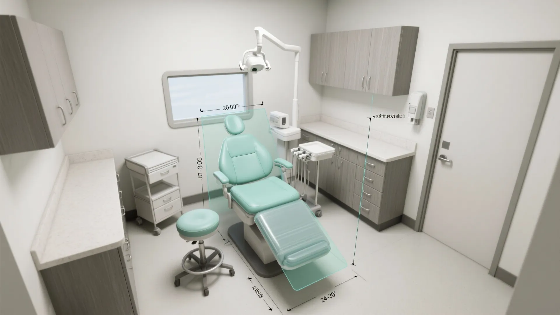 Interior design drawing showing chair clearance measurements in a dental room with cabinets and ceiling light