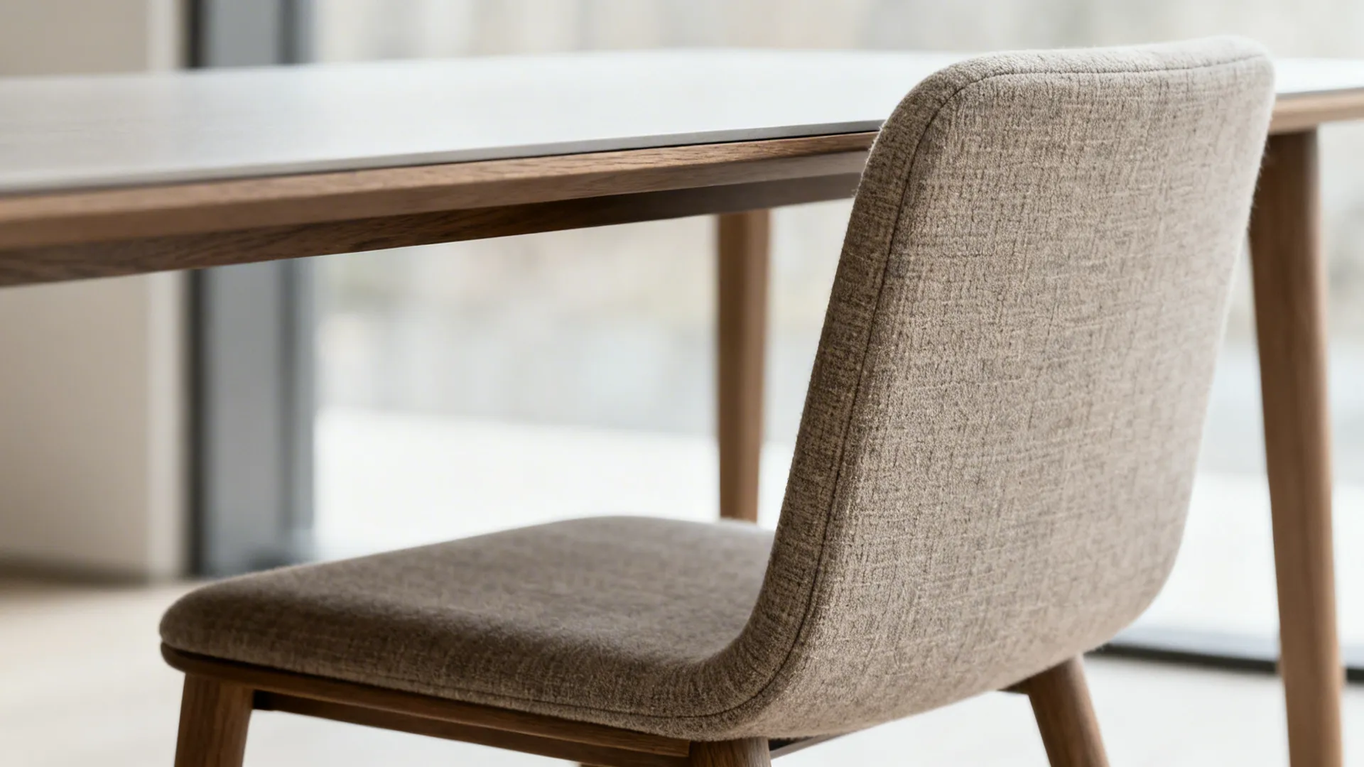 Macro detail of armless chair and eased table edge showing comfortable clearance.