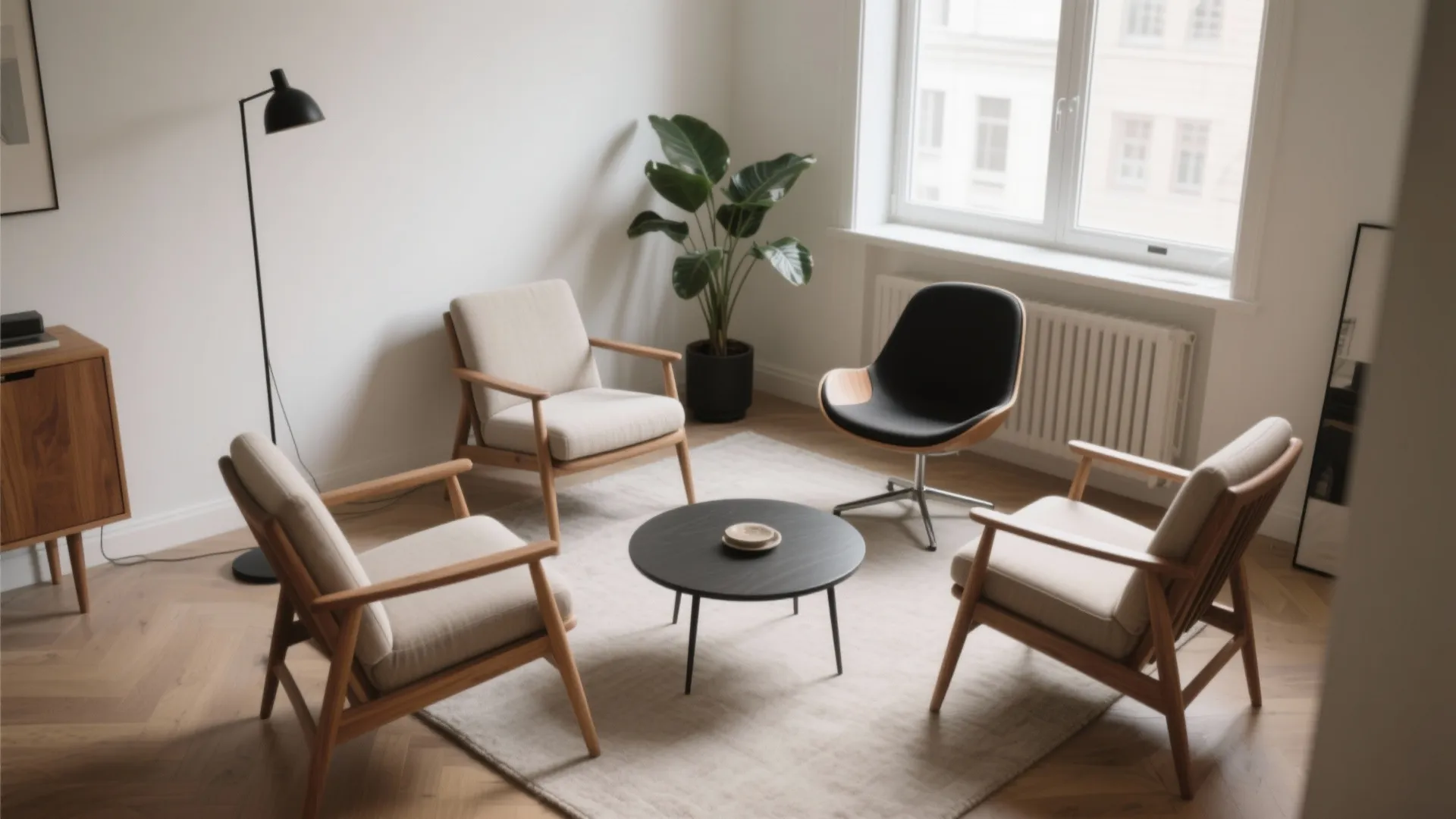 Four modern chairs arranged around a round black coffee table on a neutral rug indoors