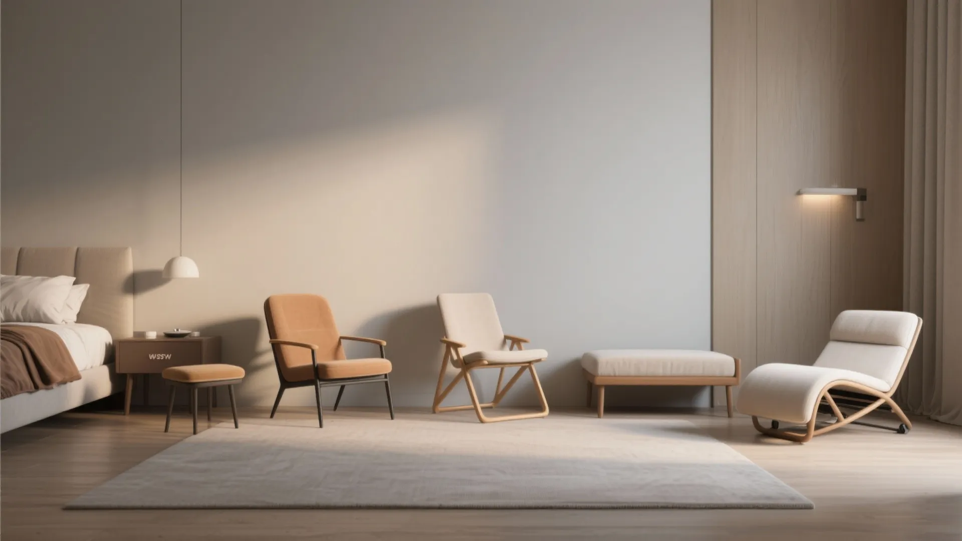 Comparison of five small lounge chair styles in a compact bedroom to show scale and function.