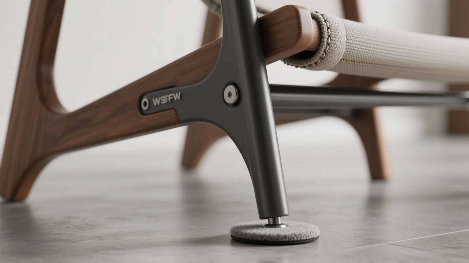 Macro view of chair joinery, powder-coated leg with felt pad, and reinforced folding hinge showing durable construction.