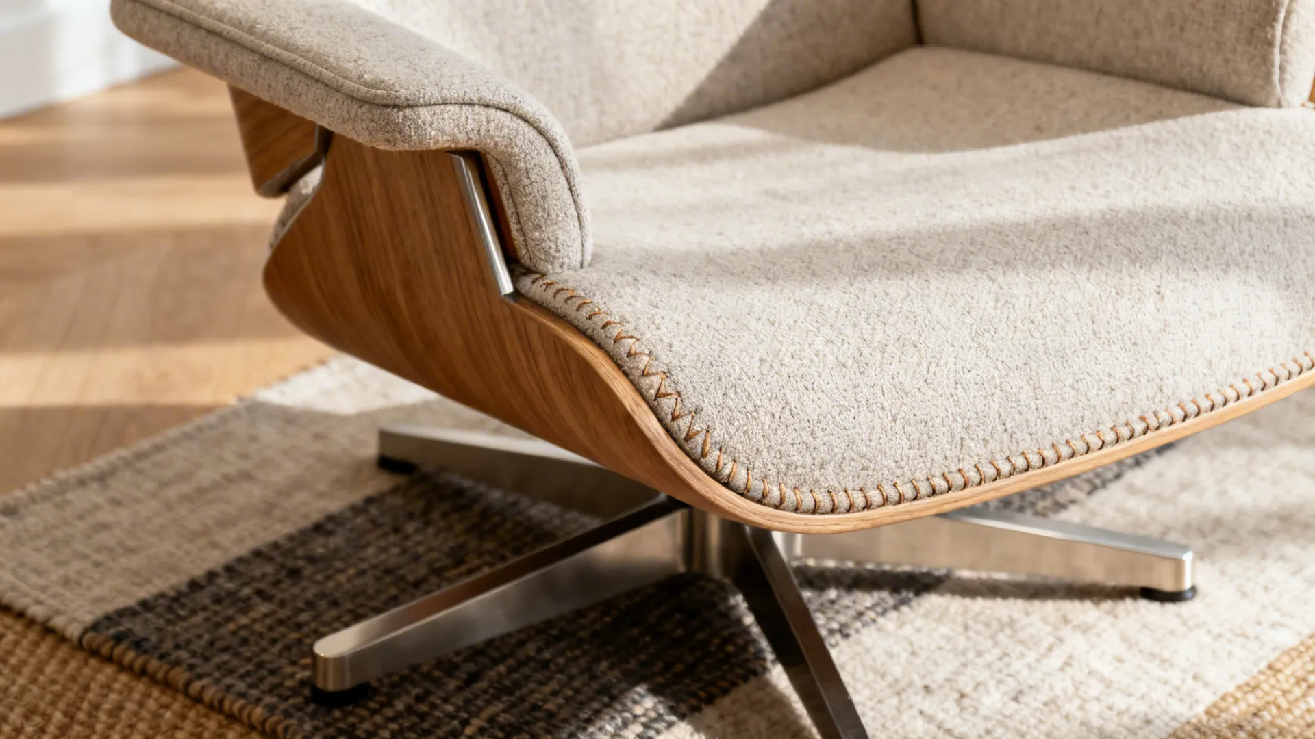 Macro of a light swivel chair showing slim arm, textured fabric, and brushed metal base on layered rugs.