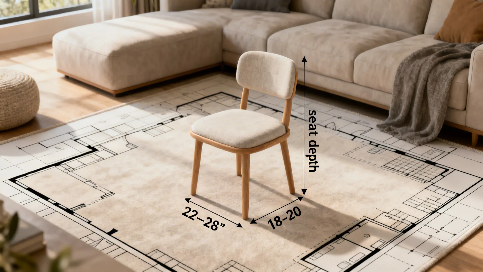 Small chair with measurement overlays on a living room plan showing recommended dimensions.