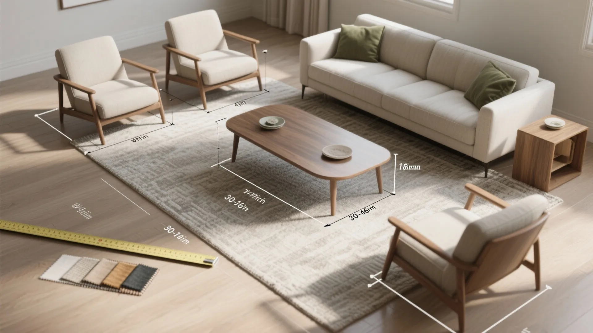 Modern living room layout with white sofa and wooden chairs featuring measurement lines and fabric samples