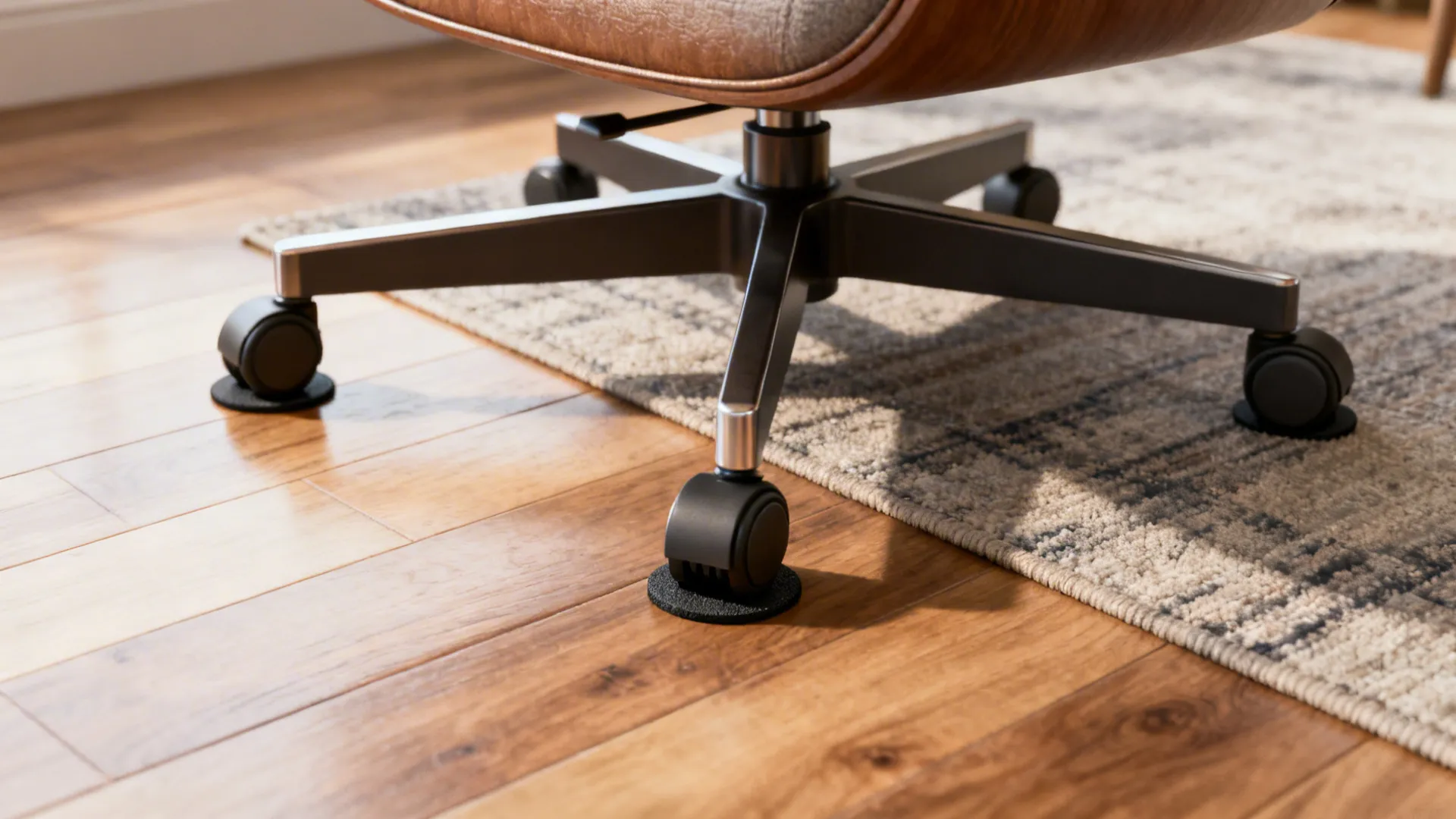 Close-up of protective glides under a swivel chair base on hardwood floor with a small rug.