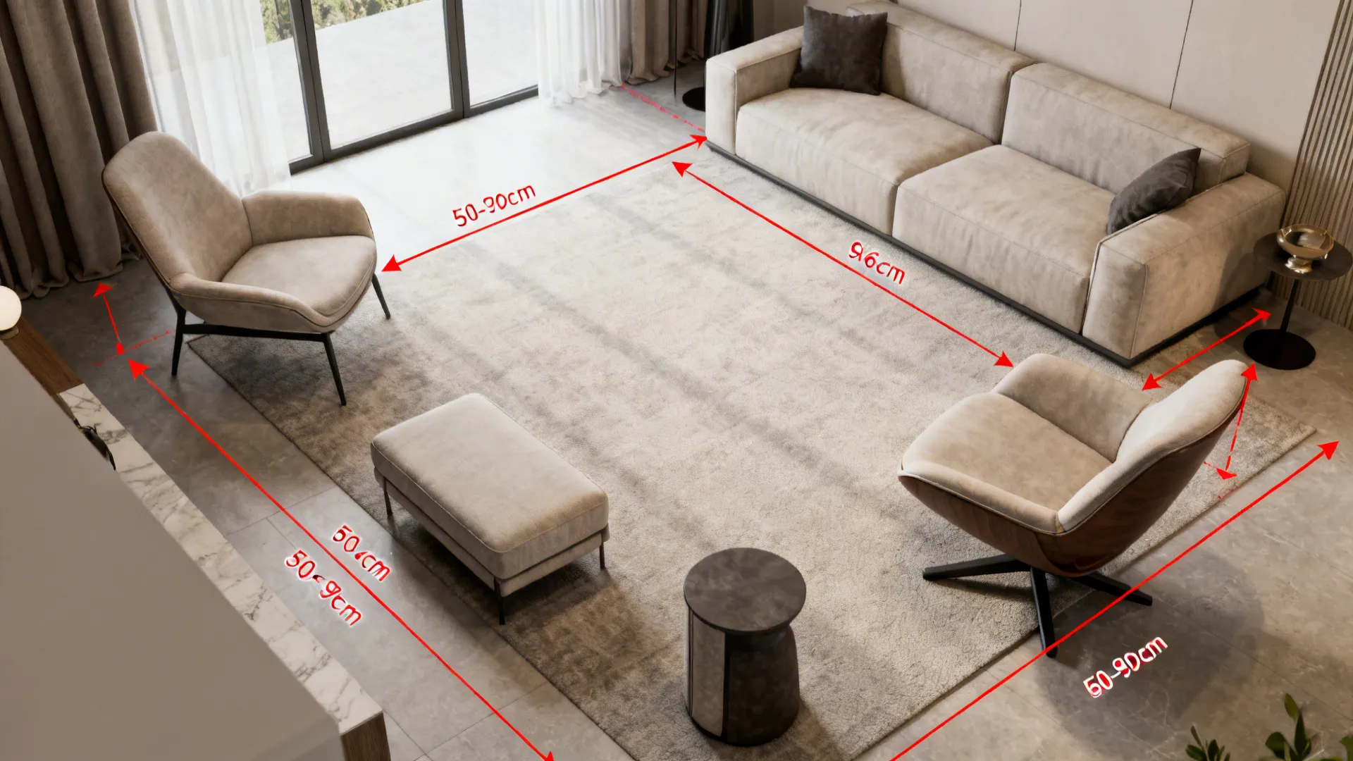 Top-down floorplan mockup showing recommended chair placements and clearances for small living rooms