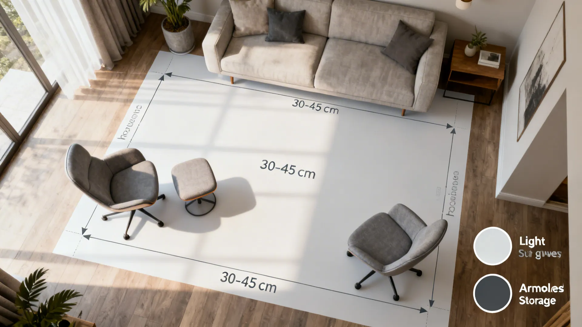 Top-down layout guide showing chair placements and clearance recommendations for small living rooms.