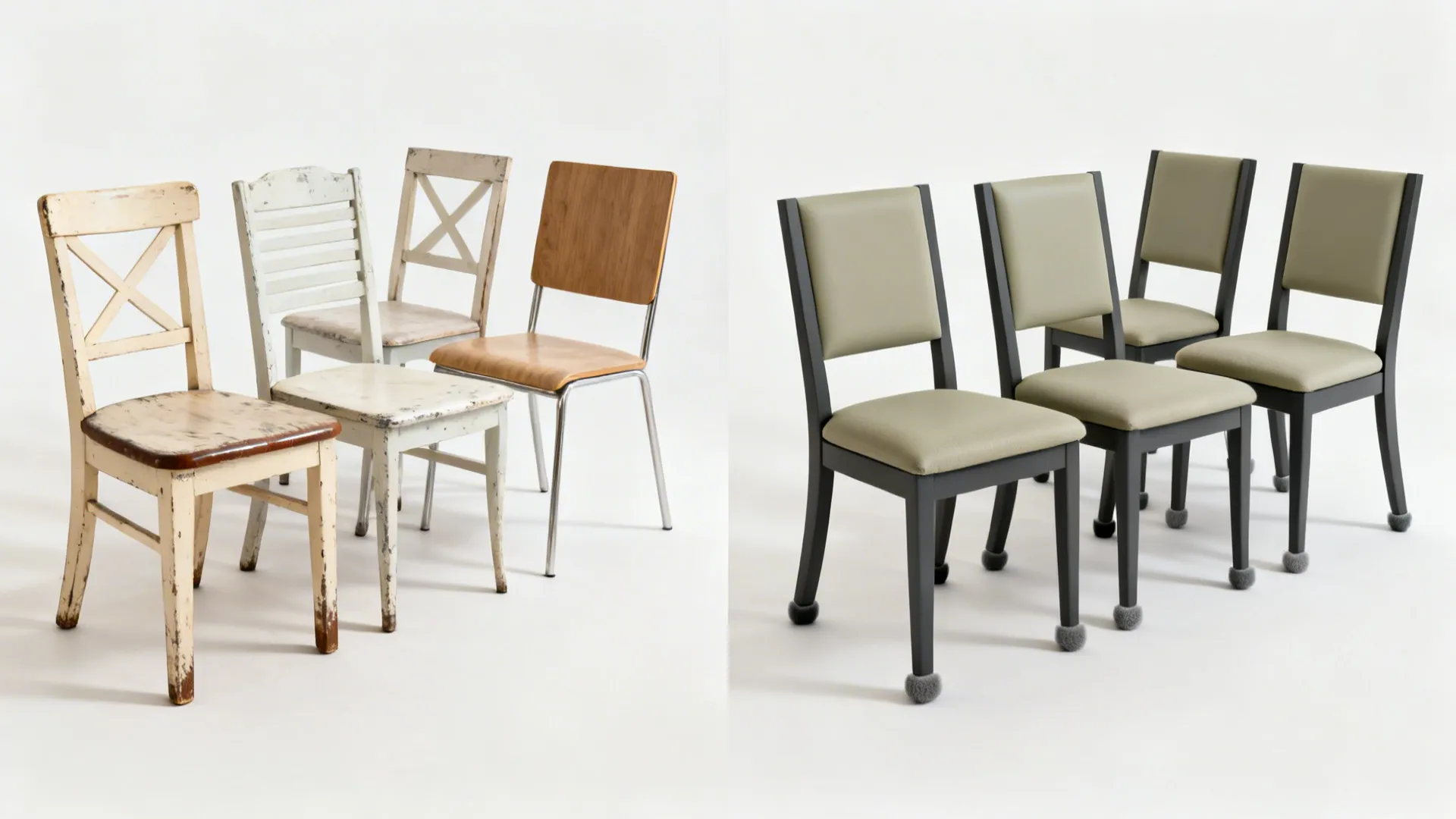 Before-and-after of budget dining chairs transformed with matte paint, felt glides, and cushions.