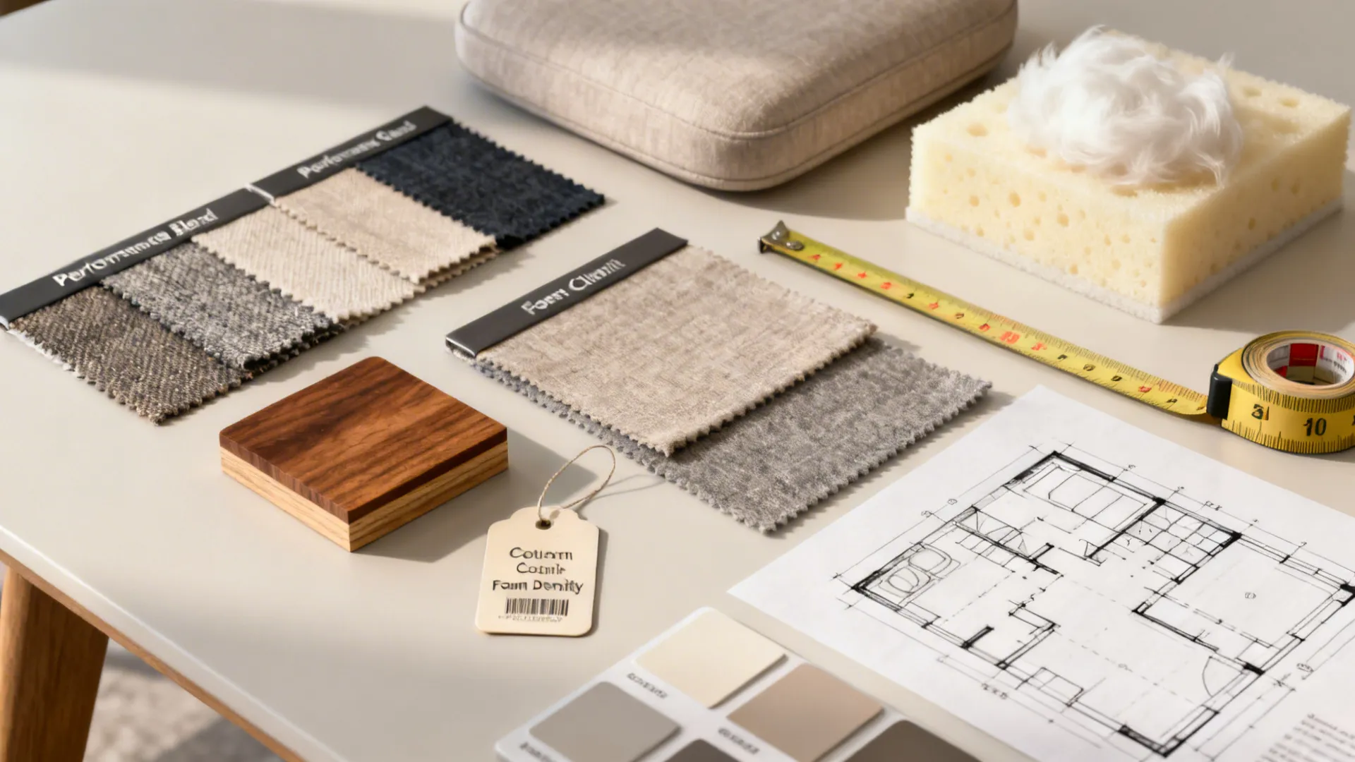 Flatlay of upholstery swatches, foam inserts, wood samples and a floorplan for chair selection