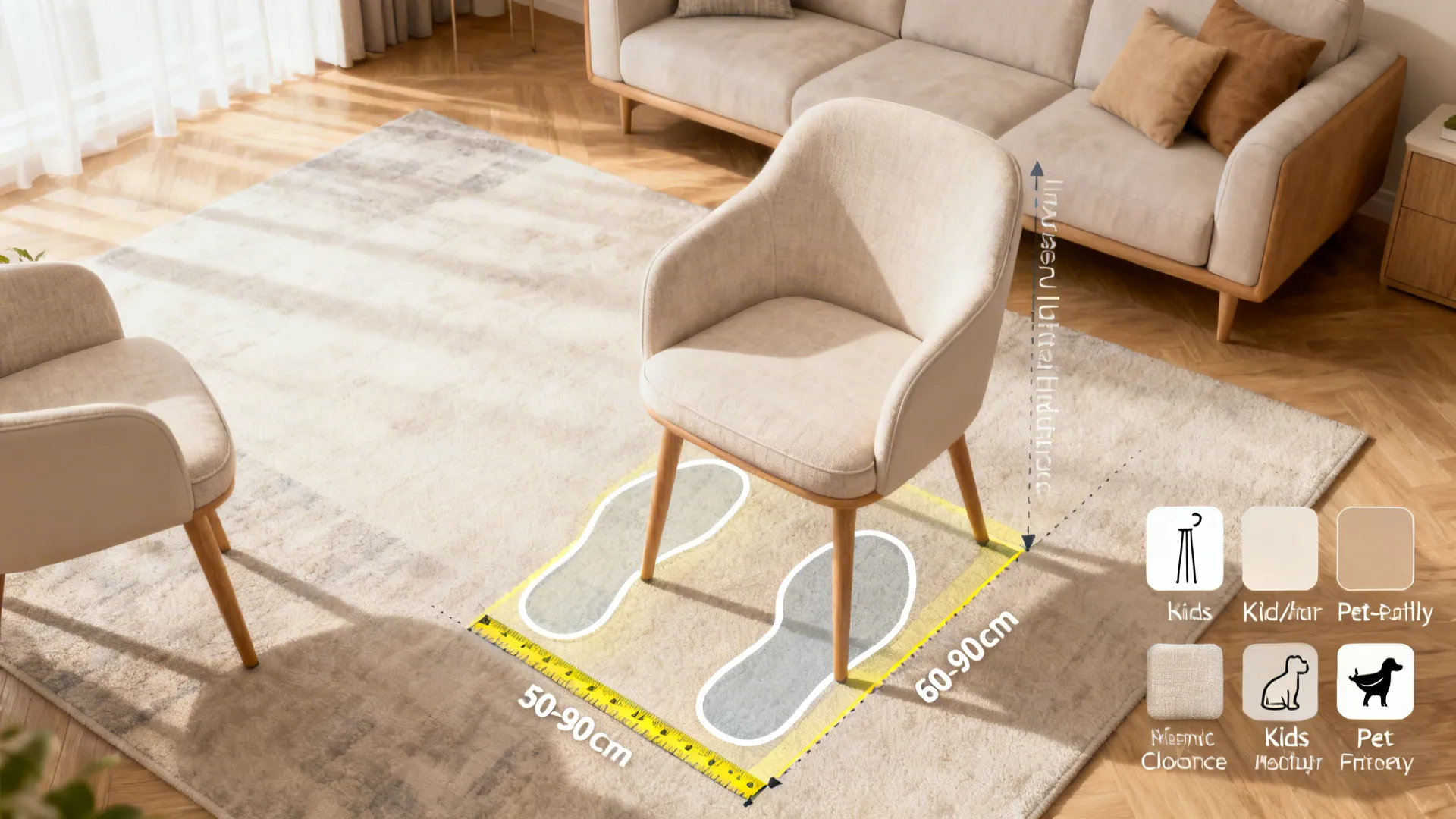 Top-down floor plan showing chair footprints, clearance zones, measuring tape and fabric swatches for choosing oversized chairs.