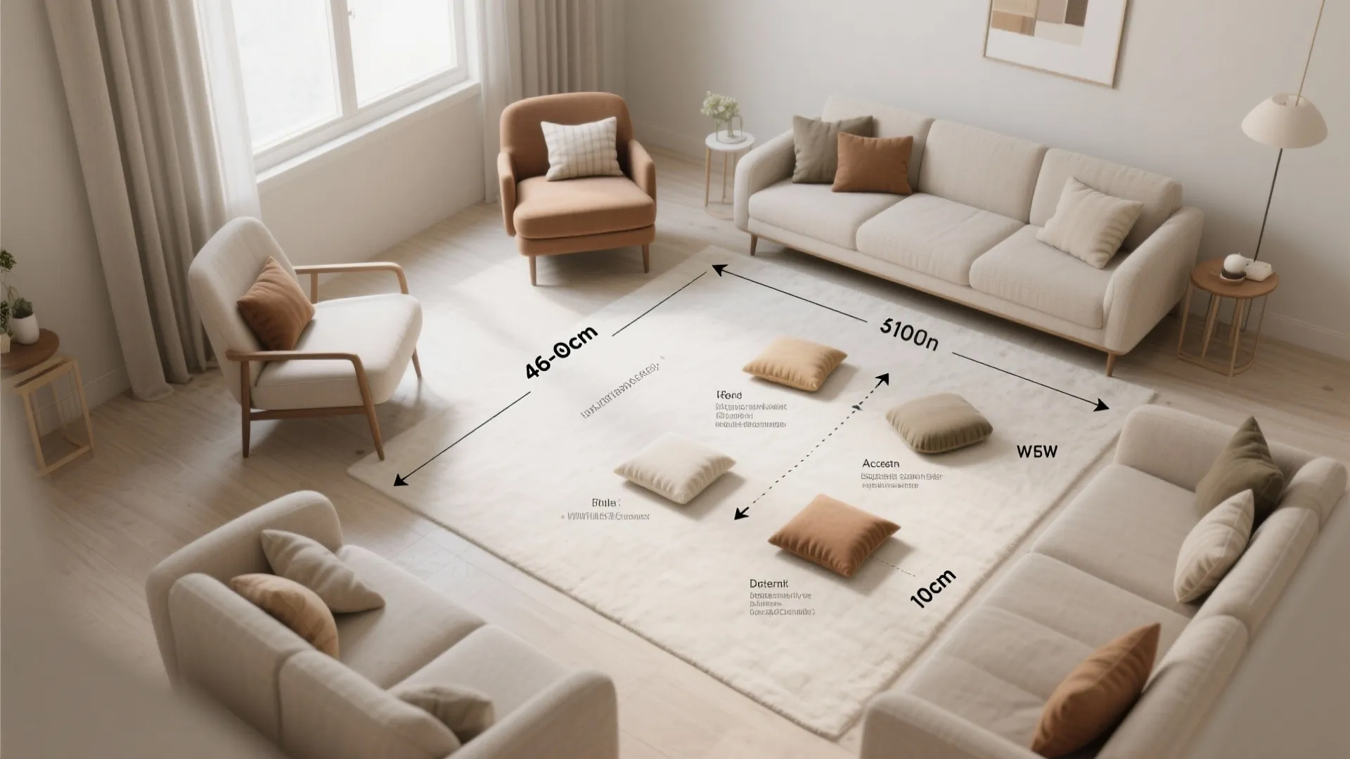 Top-down guide showing placement rules and measurements for accent chairs in small living rooms