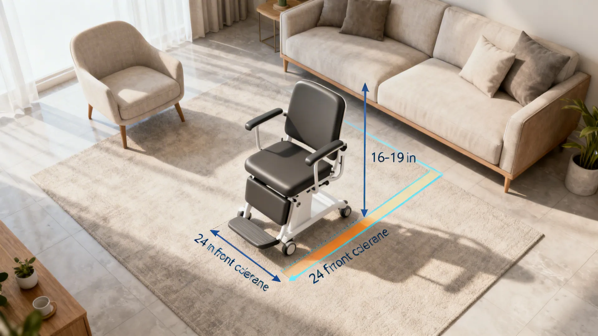 Top-down living room plan showing seat height and front clearance measurements for an orthopedic chair