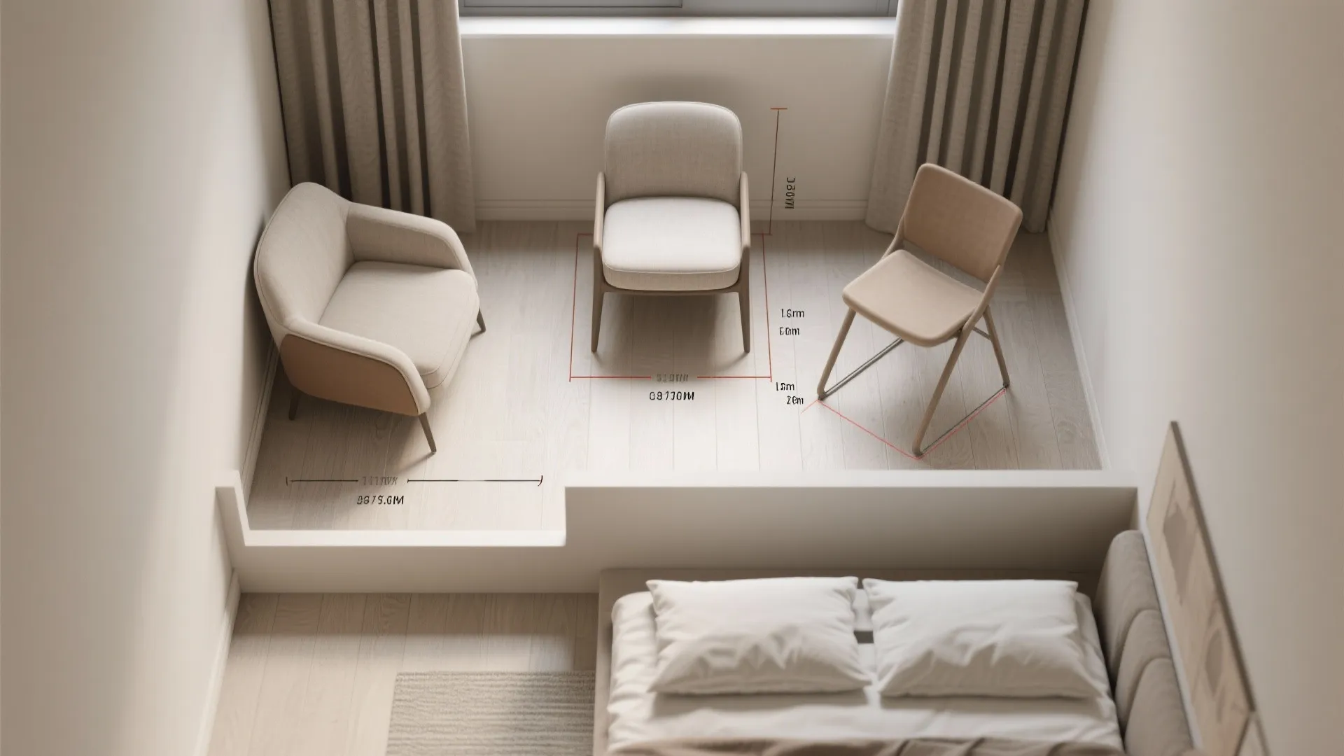Top-down floor plan showing chair placement options and clearances in a small bedroom
