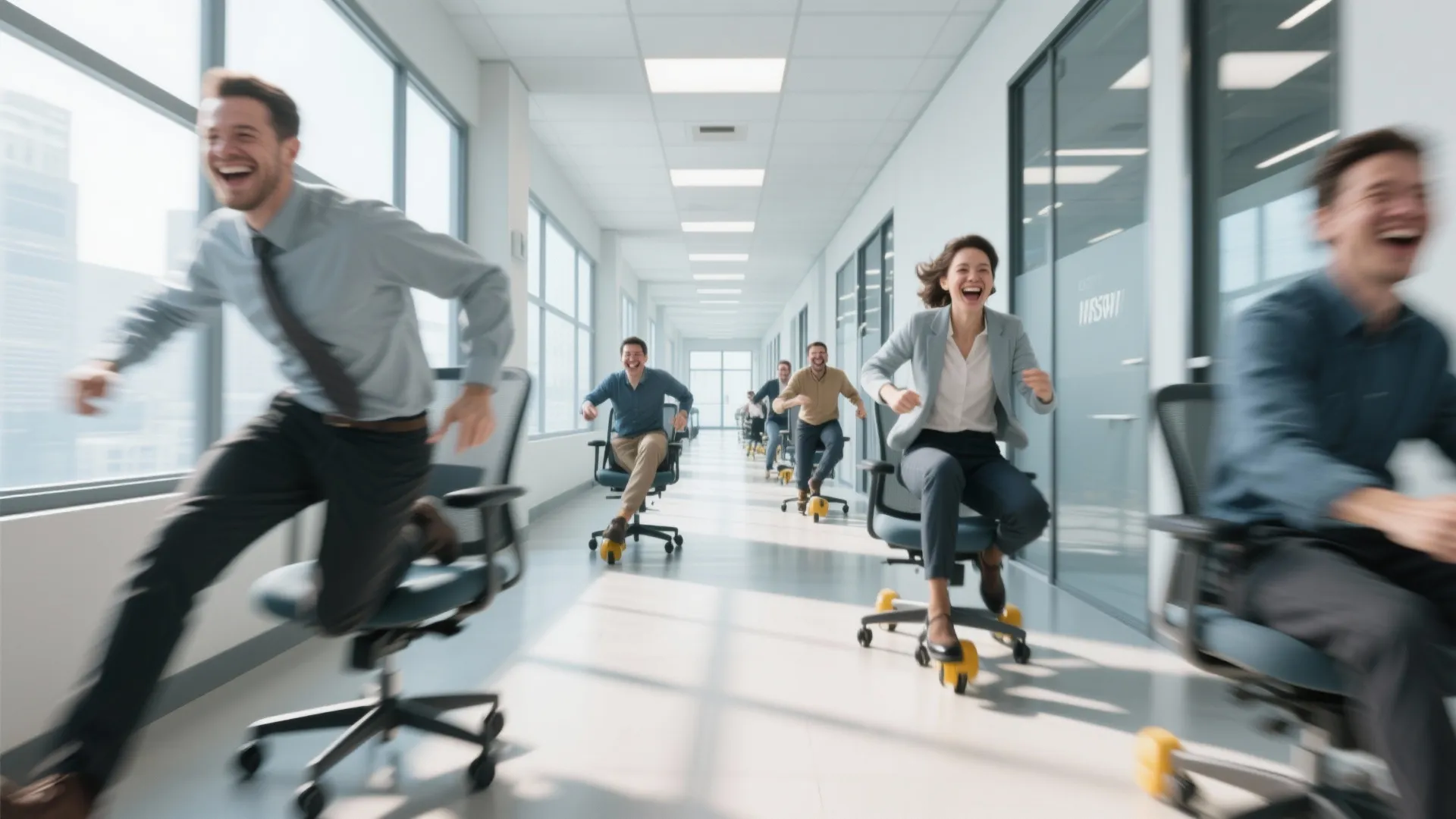 Smiling office workers having a fun chair race down a bright modern hallway with windows
