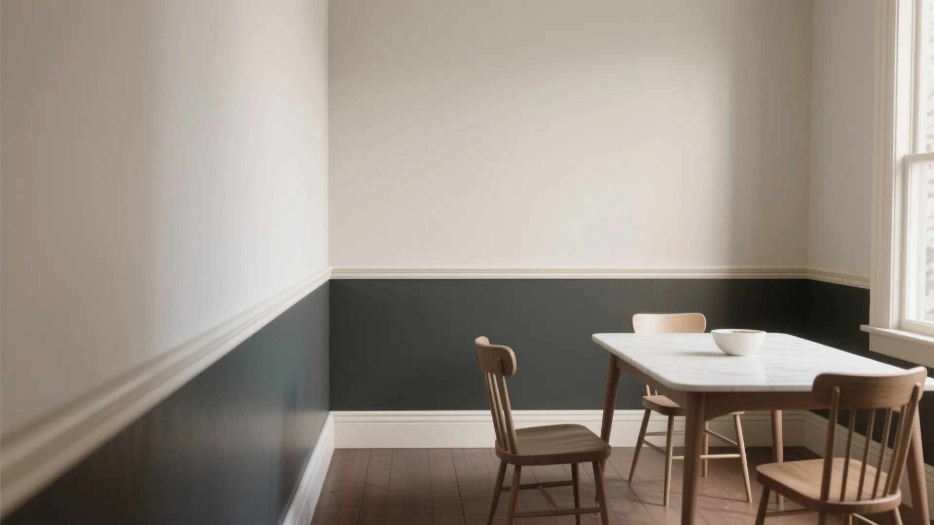 Dining room demonstrating a chair rail at 32–36 inches with two-tone paint to improve proportions.