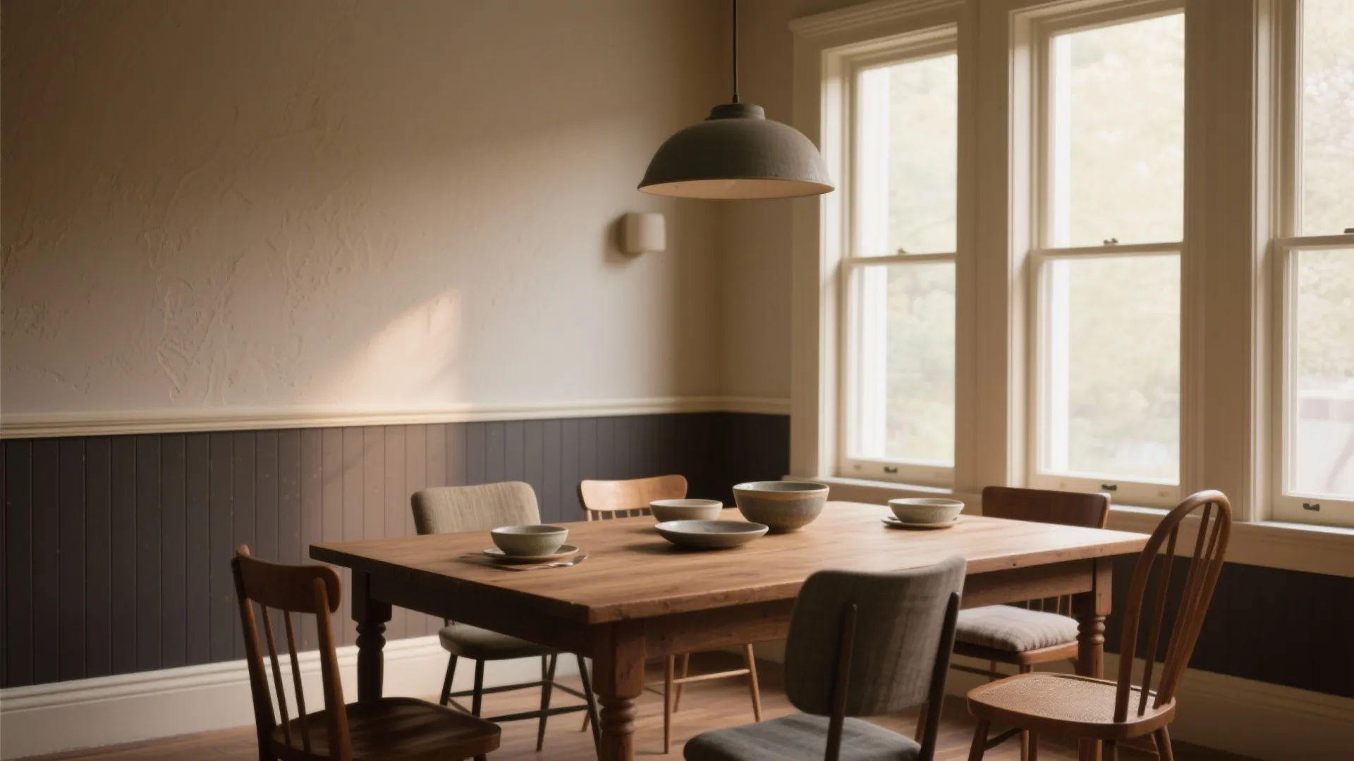 Rustic dining room with wooden table, dark wall panel, grey ceiling light, chairs, and windows