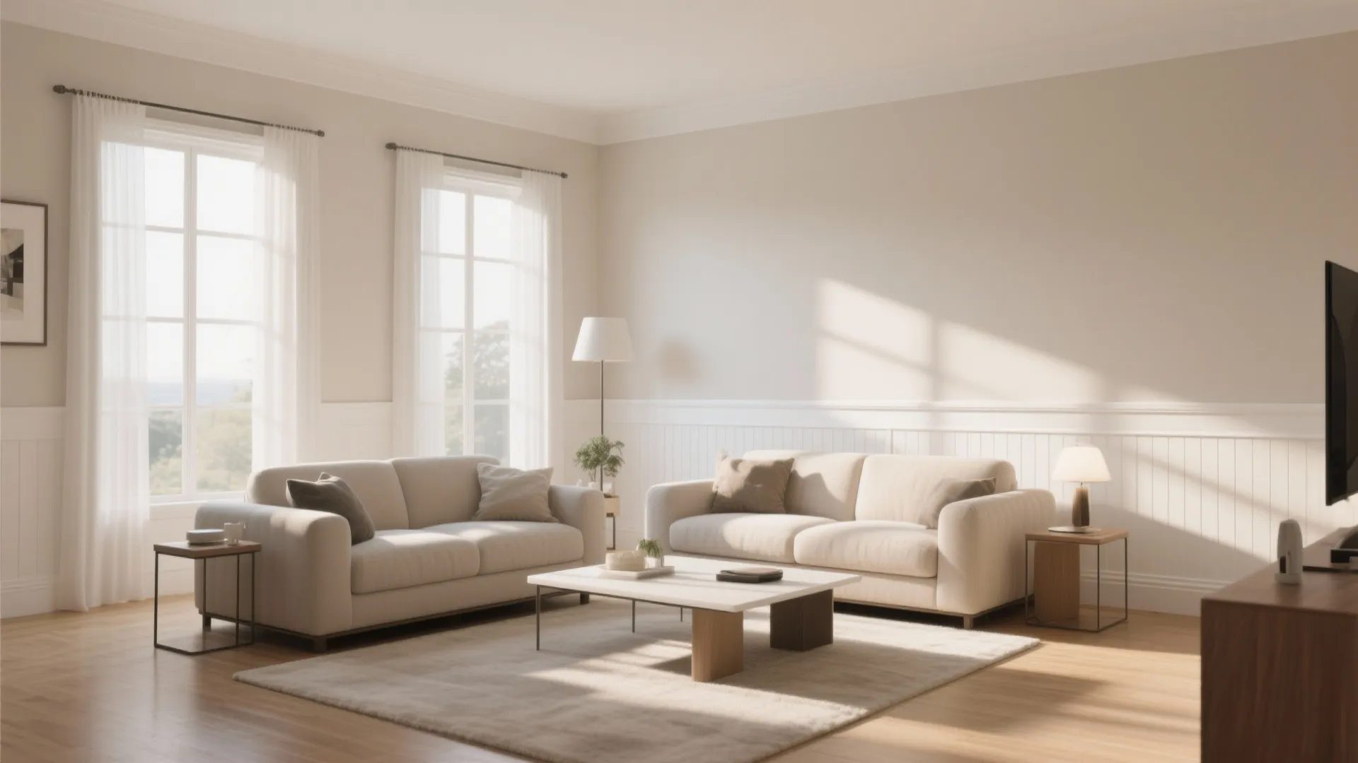 Bright living room with two beige sofas white wall panel wood floor and two large windows