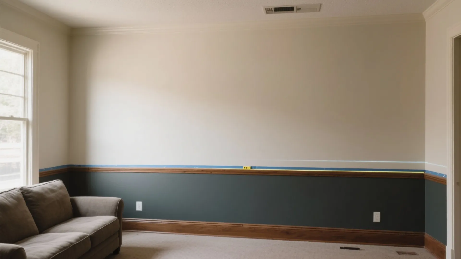 Living room with sofa and wall panel design showing blue tape for marking new paint