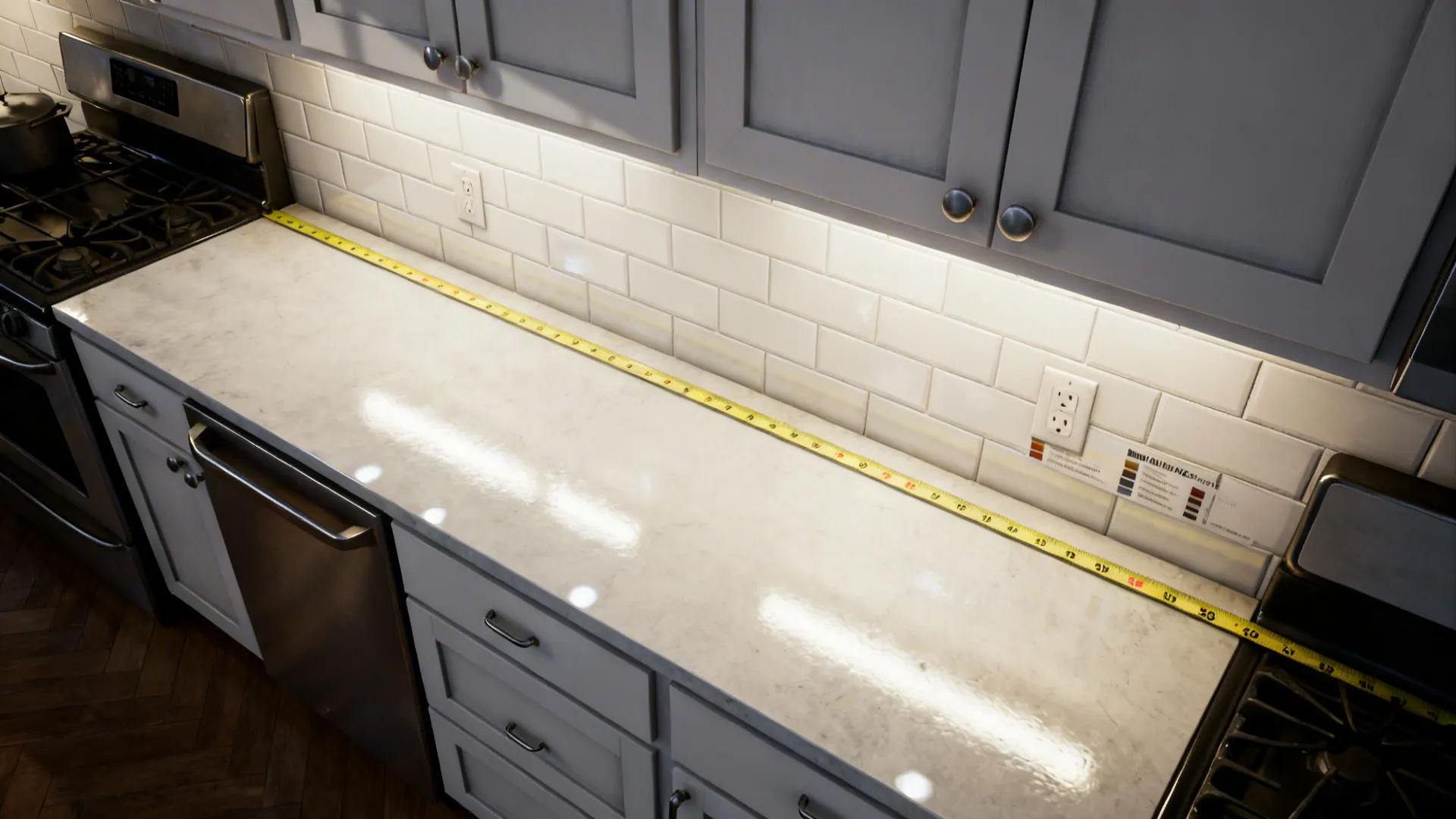 Top view illustrating a measured chair-rail paint divide aligned to counters and trim.
